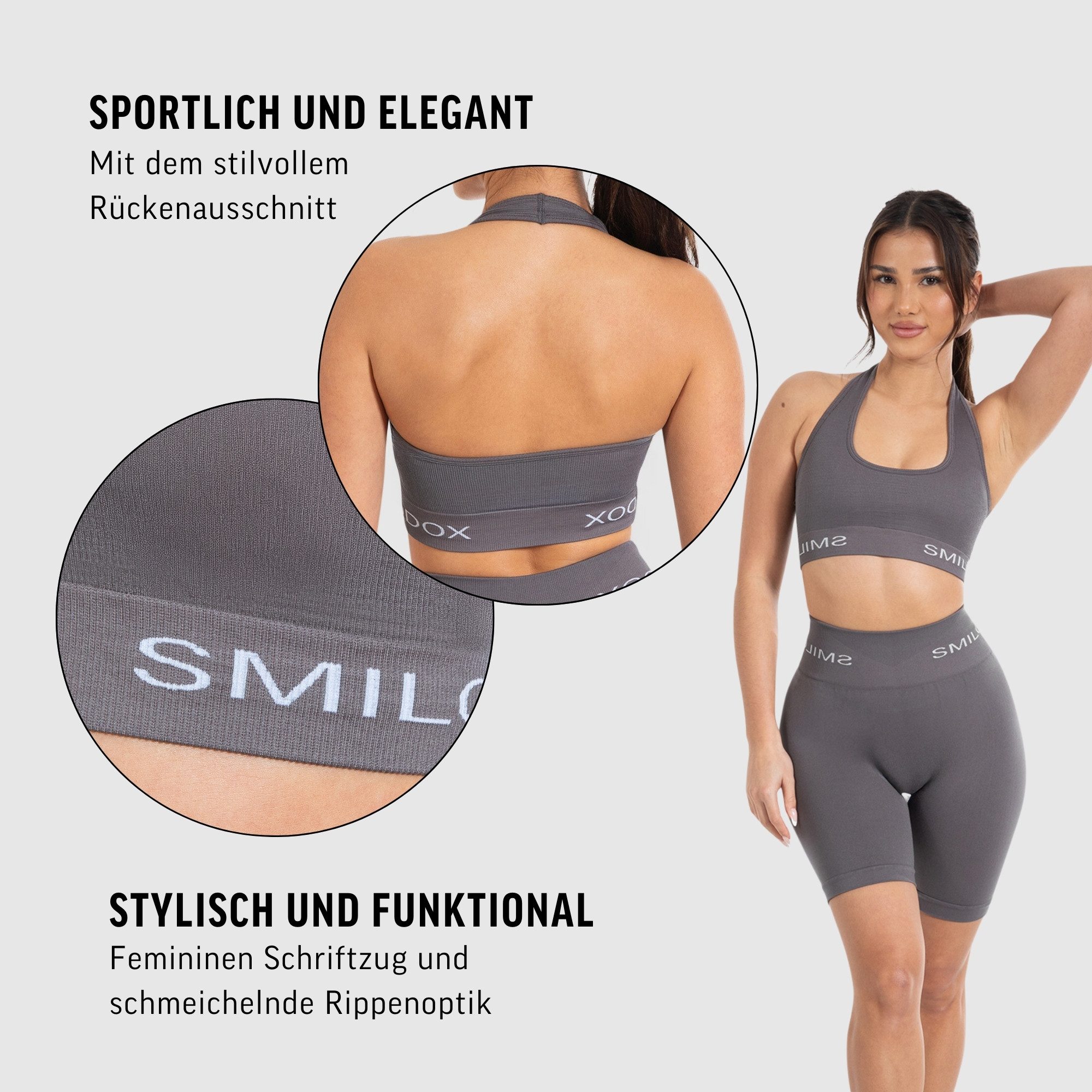 Smilodox Sport-BH Azura, Seamless Sport Top Rückenfrei Starker Halt Fitness Alltag Scrunch Bra ohne Bügel Atmungsaktiv Yoga Gym Bustier Schriftzug – Bild 5 von 5