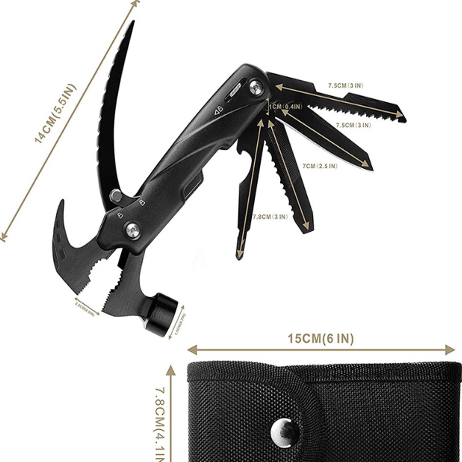 KINSI Multitool Multifunktionswerkzeug, 12 in 1, Camping Multitool Zubehör, Schwarz, Für Camping, Wandern, Notfälle und Überleben im Freien