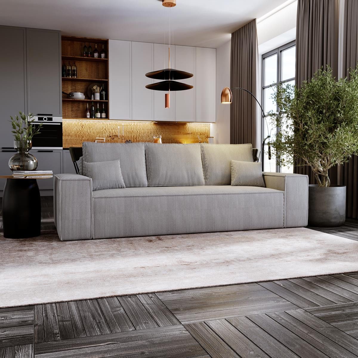 Compleo Schlafsofa 3 sitzer MALAG, Cordstoff, Modern Sofa mit Bettkasten