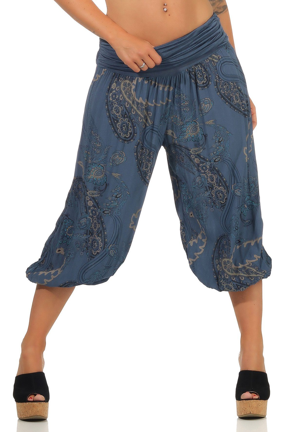 malito more than fashion Caprihose 7186 kurze Pluderhose mit Allover Print jeansblau