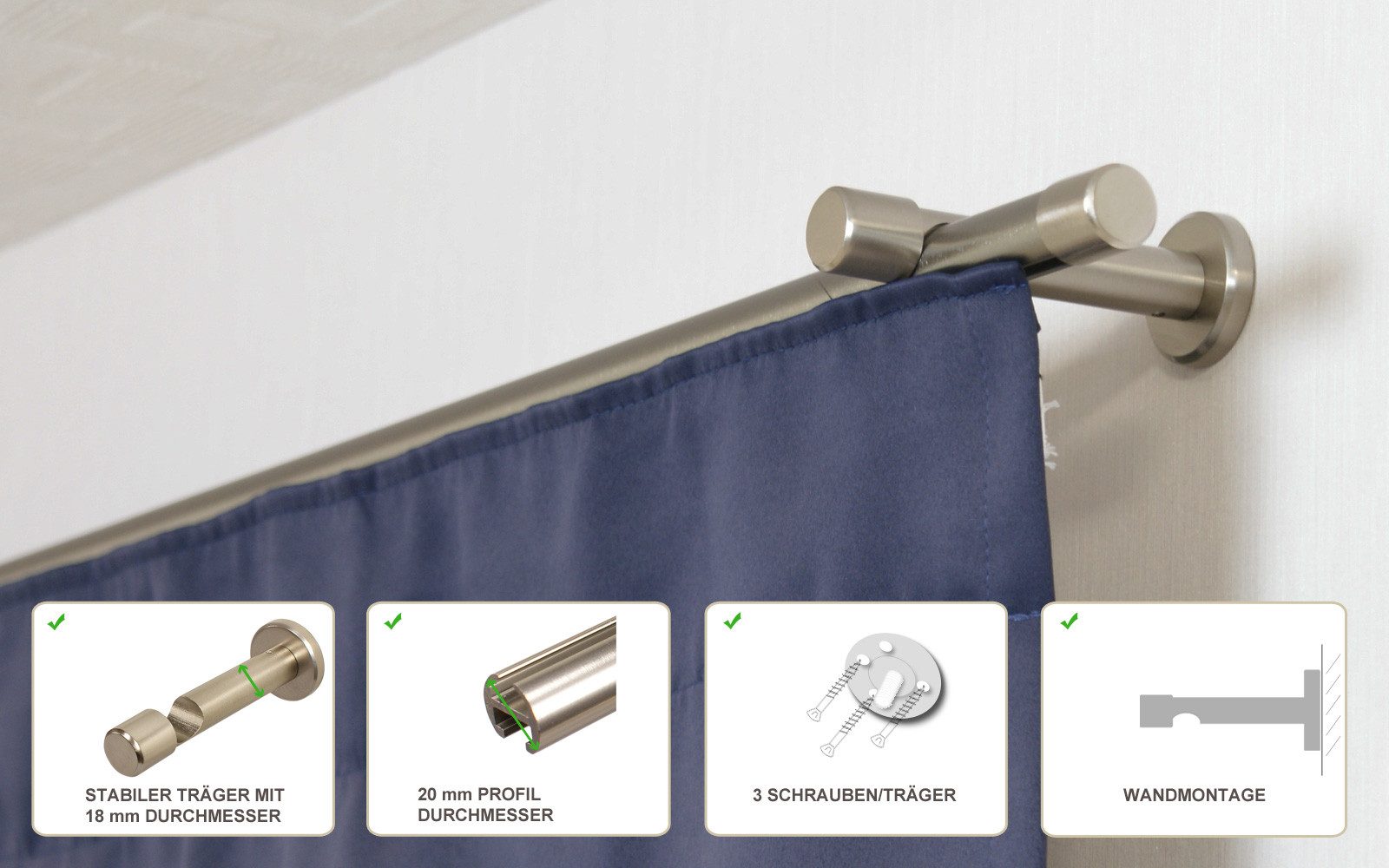 iso-design Gardinenstange Innenlauf 20 mm 1-läufig Endstück Kappe Wandabstand 8 cm, Ø 20 mm, 1-läufig, Fixmaß, Wandmontage, Aluminium, Innenlaufprofil mit Metallsäge kürzbar