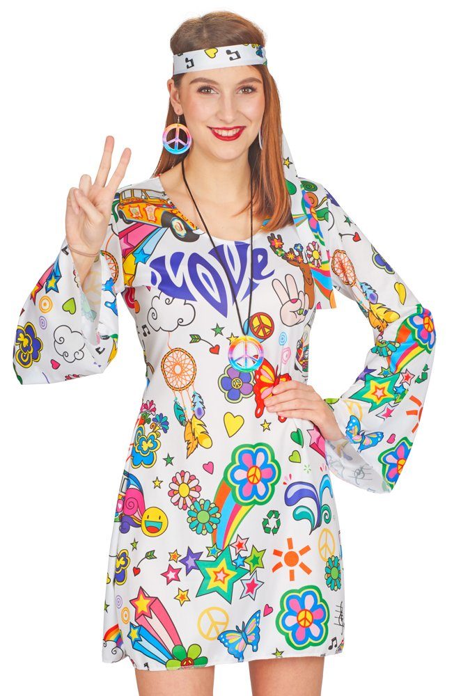 andrea-moden Kostüm Hippie Flower Power Damen Kleid 'Hope', Weiß Bunt