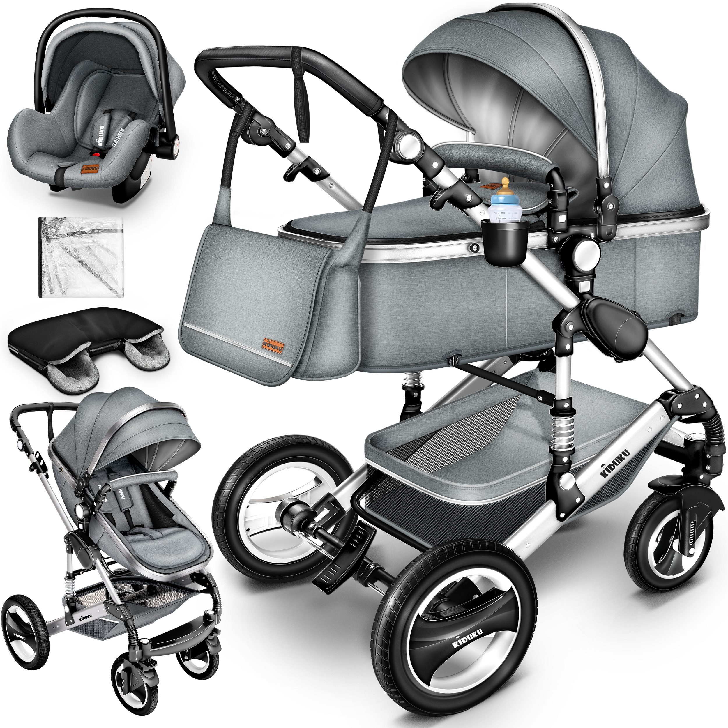 KIDUKU Kombi-Kinderwagen KIDUKU® 3 in 1 Kombi-Kinderwagen Buggy Reisebuggy inkl. Auto- Babyscha, Kindertisch