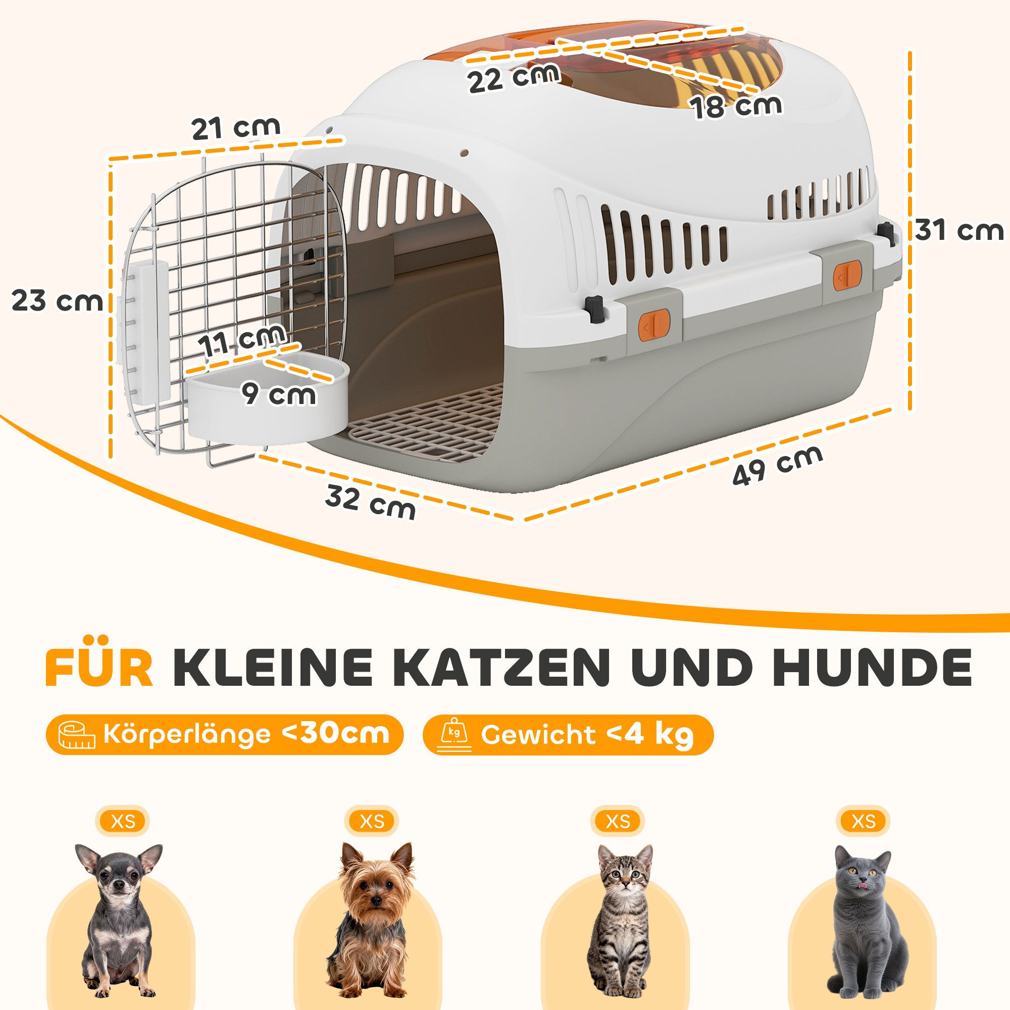 PawHut Tiertransportbox Transportbox für Katze Miniaturhunde bis 4 kg, mit Dachöffnung Futternapf Sicherheitsverschluss 49x32x31cm Hellgrau