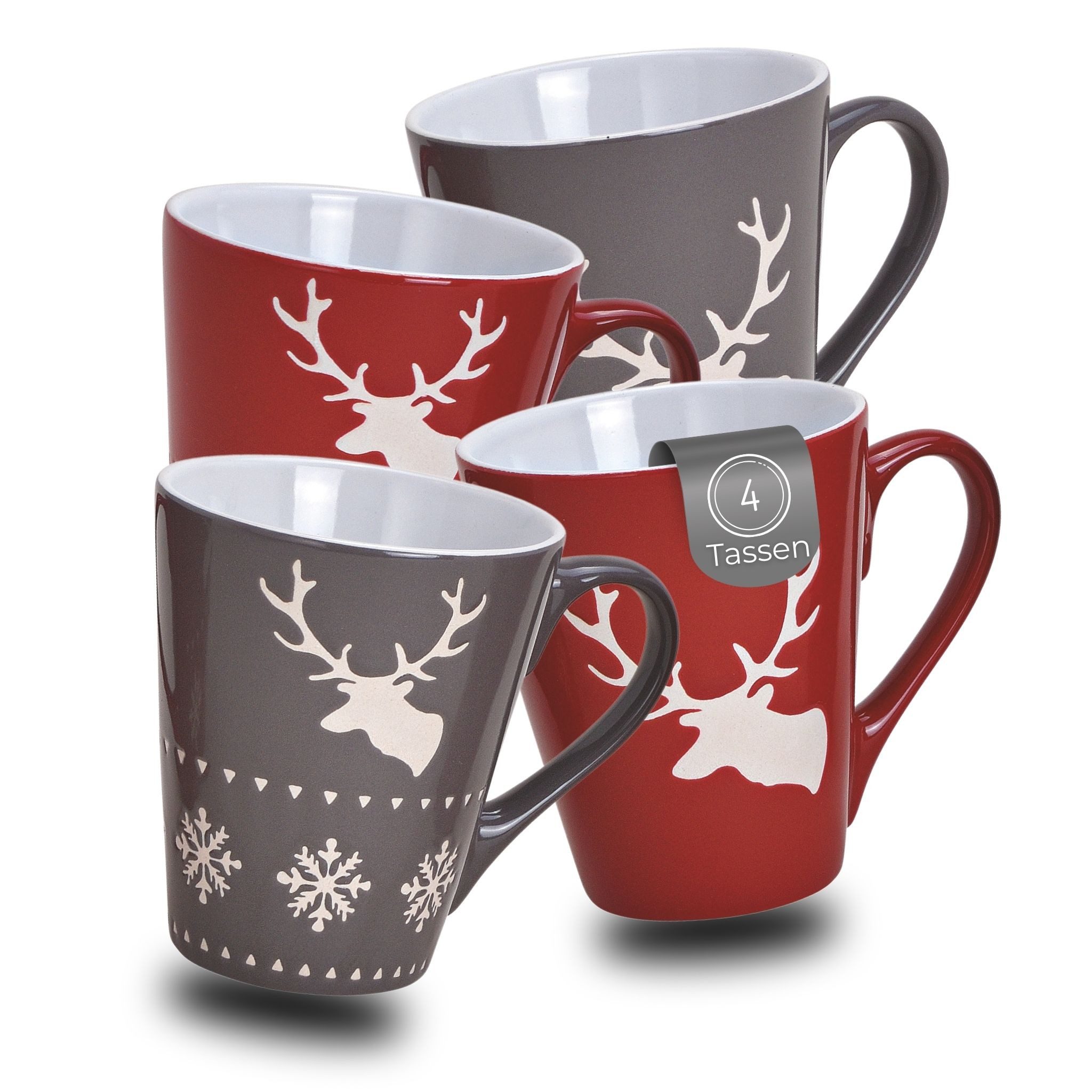 matches21 HOME & HOBBY Tasse Weihnachtstassen 4er Set Hirsche Skandi grau rot, 4-tlg., Keramik, Schöne 200 ml Keramik Kaffee-Tassen Hygge Weihnachtsmotive