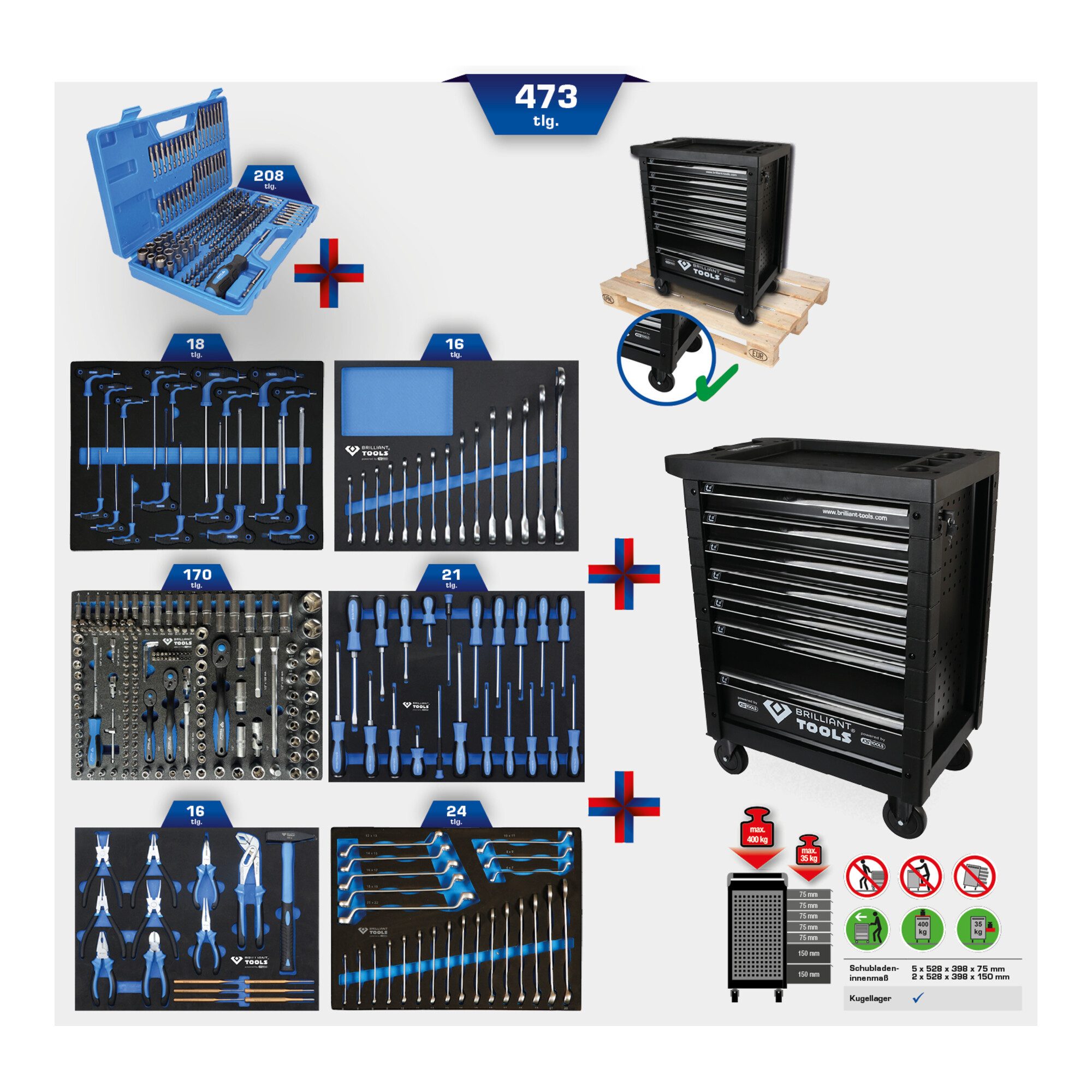 Brilliant Tools Werkstattwagen Brilliant Tools Werkstattwagen mit 7 Schubladen und 473 Werkzeugen