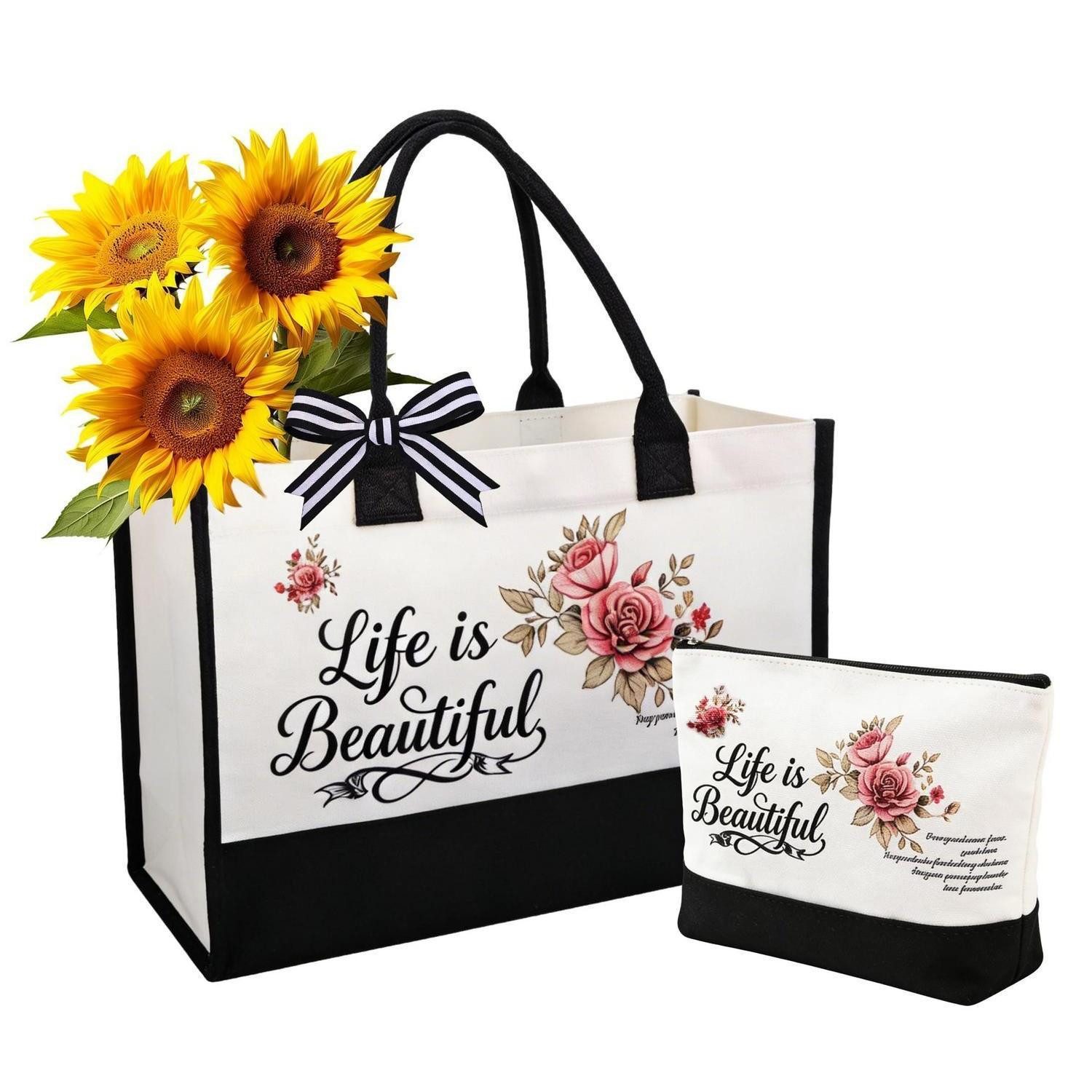 LuxusKollektion Einkaufsshopper Canvas Tasche mit Kosmetiktasche Blumenmuster 2-tlg