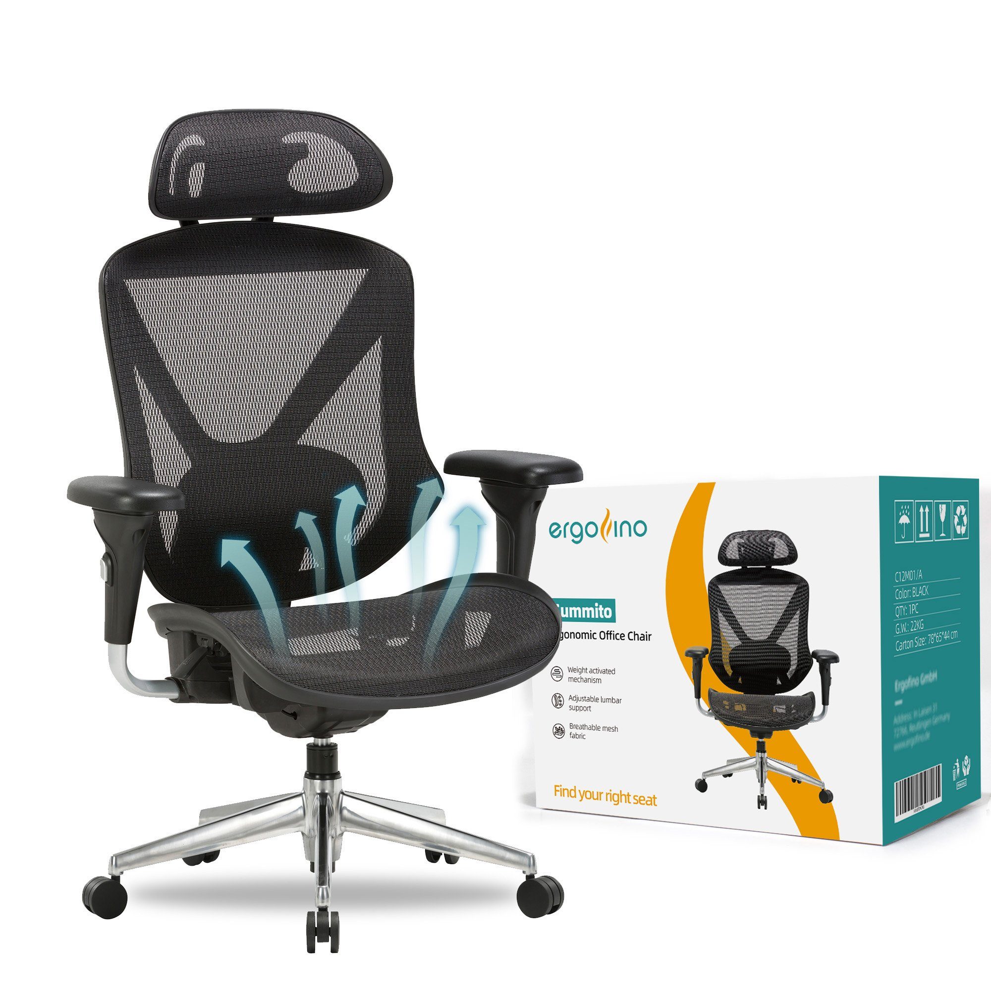 ERGOFINO Bürostuhl Ergonomischer Schreibtischstuhl (Drehstuhl, bis 150kg belastbar, Explosionsschutz Klasse 4, atmungsaktiv), verstellbare Kopfstütze Lordosenstütze Armlehne, höhenverstellbar