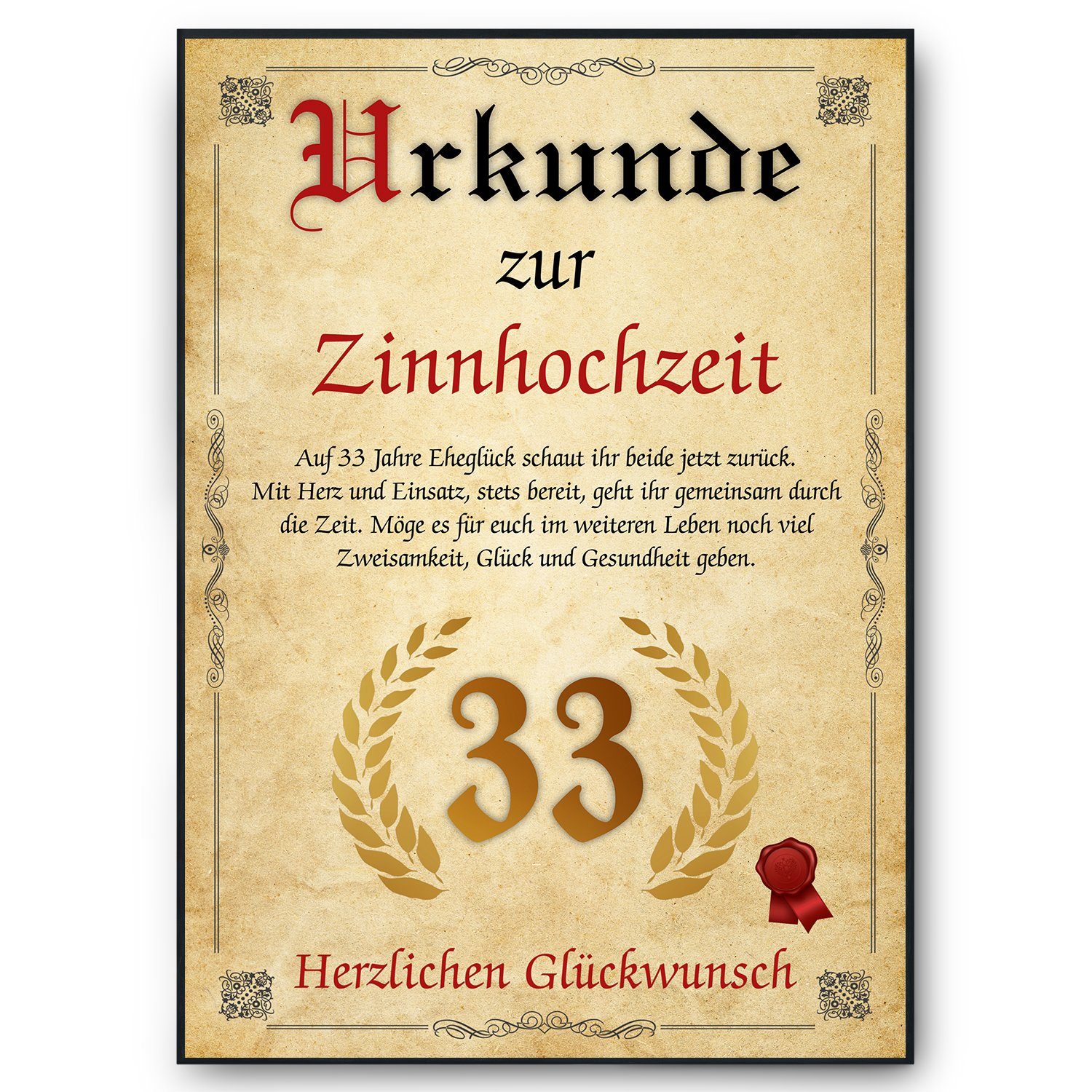 Tigerlino Poster Urkunde zum 33. Hochzeitstag Geschenk 33. Jahrestag Karte Ehepaar, Zinnhochzeit
