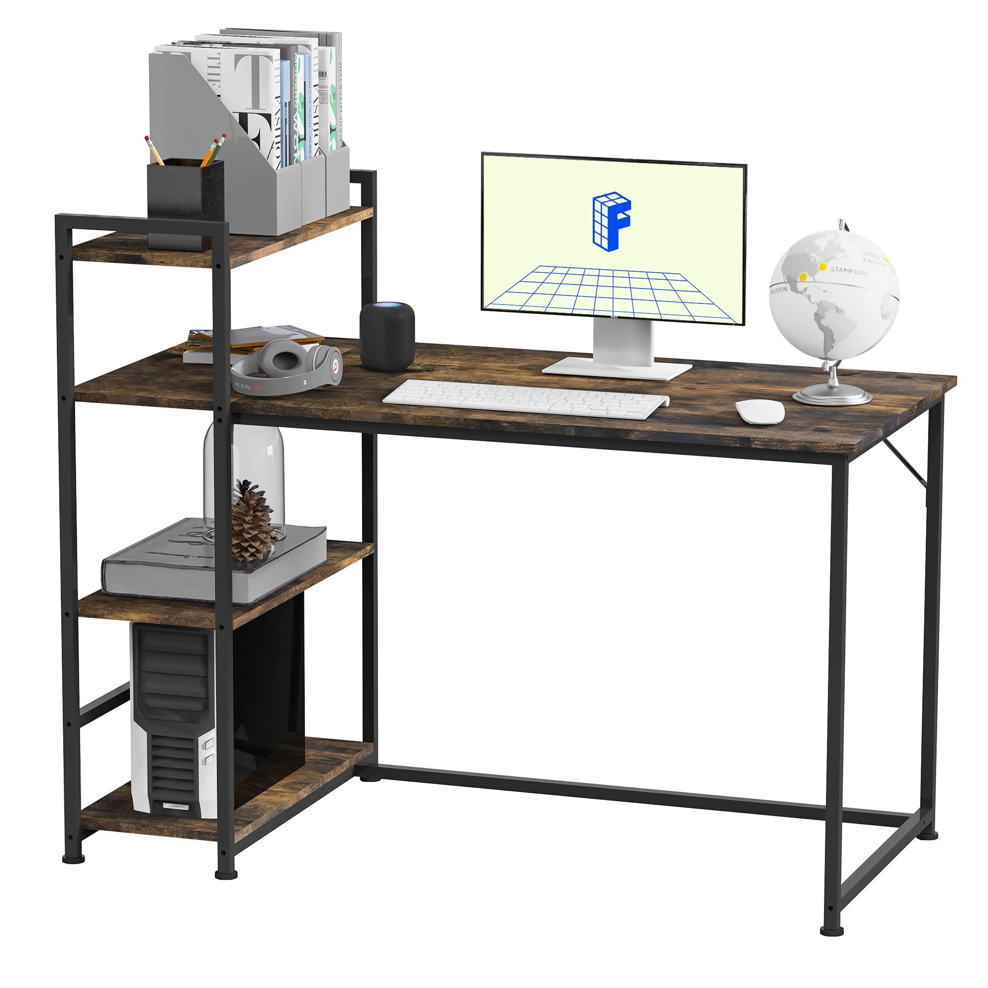 FLEXISPOT Schreibtisch Basic Plus F5 (Home Office PC-Tisch), 4 Tier Lagerregalen, Schreibtisch mit Bücherregal Eiche Vintage