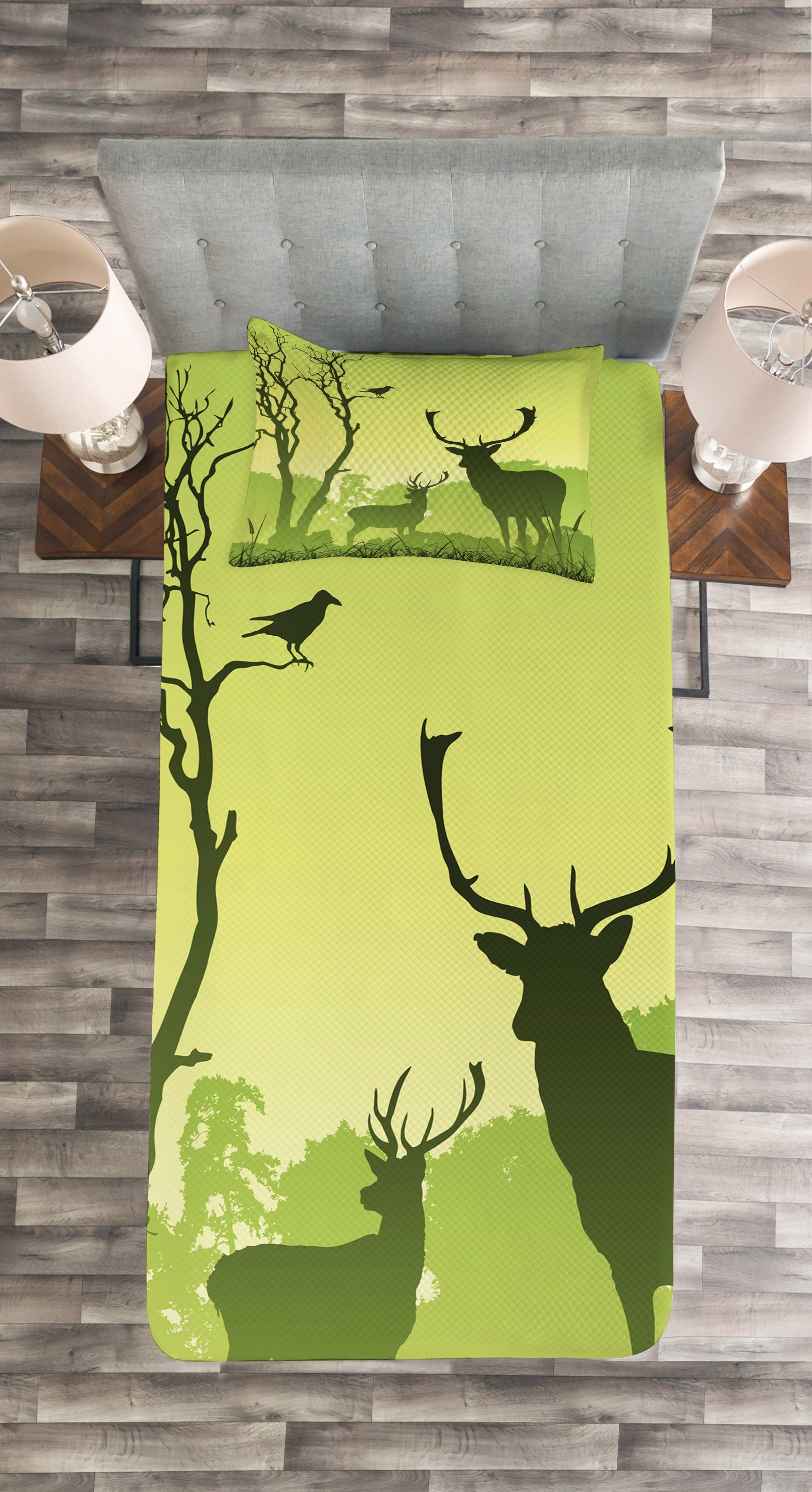Kissenbezügen Vogel Waschbar, Set Grün mit Bäume Abakuhaus, Krähen und Tagesdecke Deer