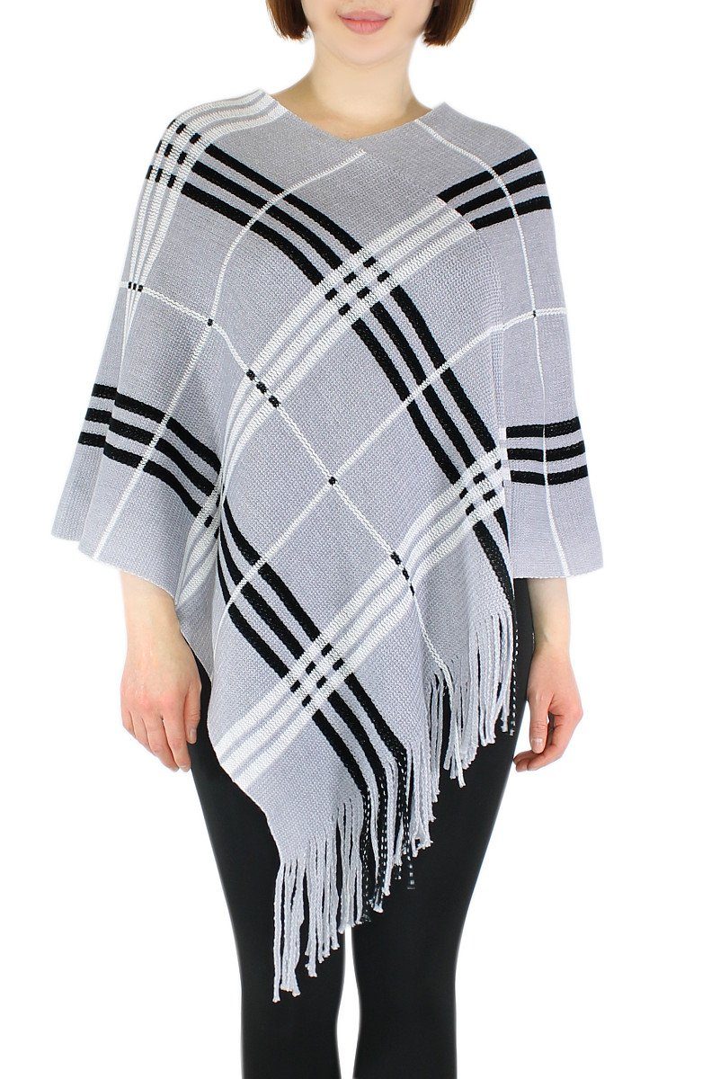dy_mode Strickponcho Damen Strick Poncho Kariert Fransenponcho