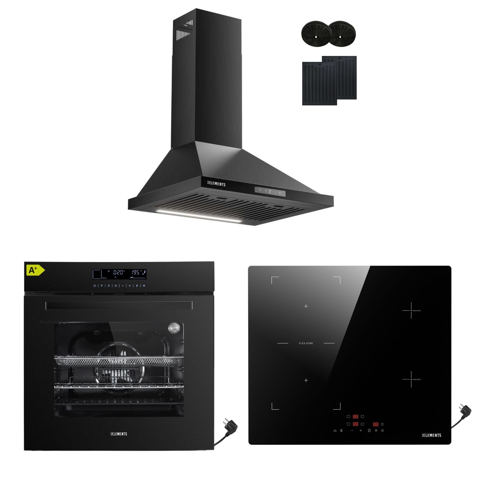 KB Elements Induktions Herd-Set Einbaubackofen 60 cm mit 4-Zonen Induktionskochfeld 60cm, mit 2-fach-Teleskopauszug, AQUA CLEAN, Backofen Full Touch mit 15 Funktionen, Schuko-Anschluss (EU-Stecker)
