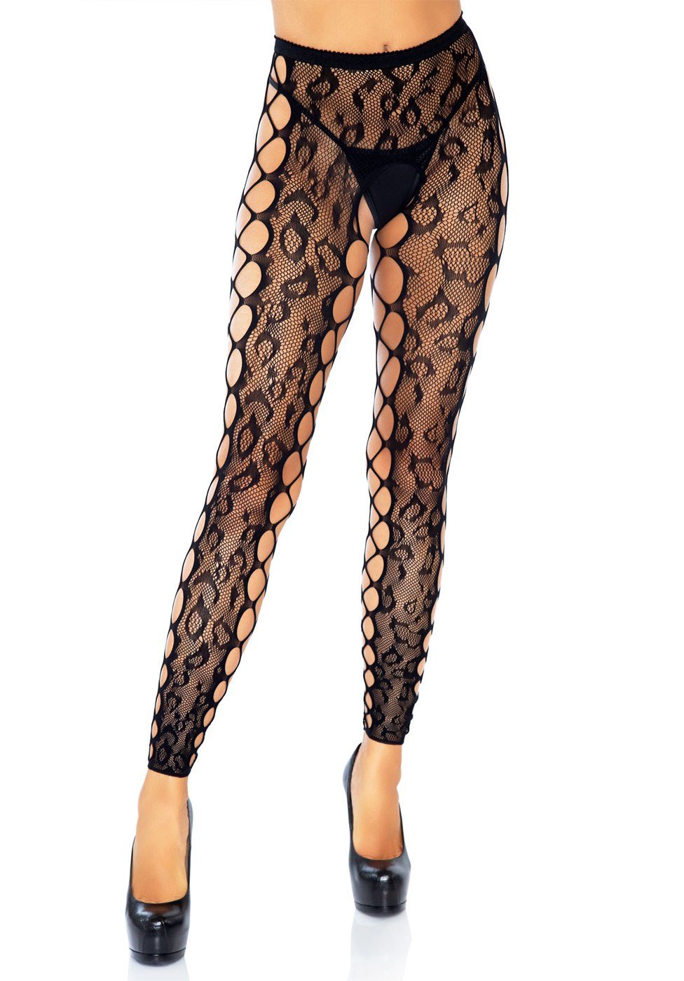 Leg Avenue Netzstrumpfhose Fußlose Strumpfhose mit Leopardenmuster und Netz - schwarz (1 St) aus elastischem Netz-Stoff