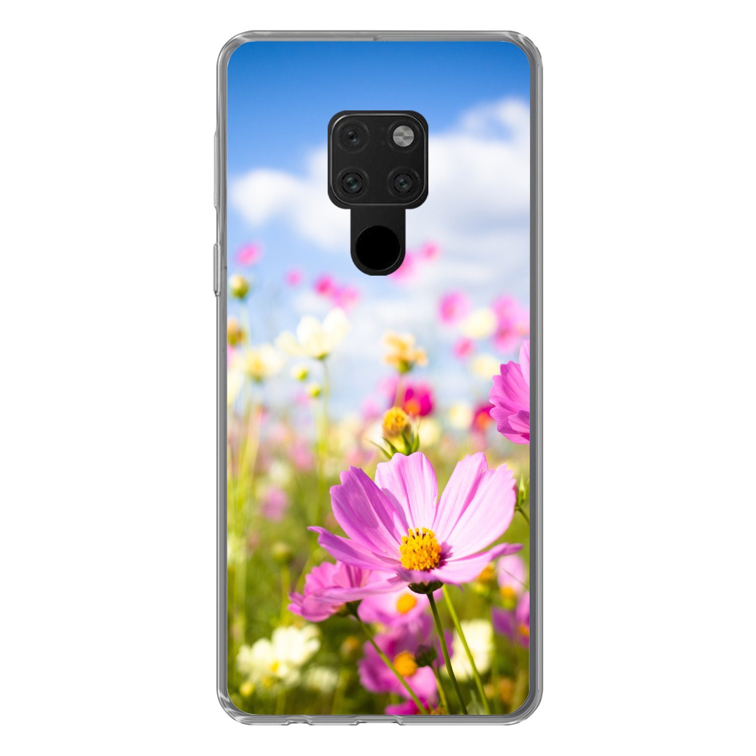 MuchoWow Handyhülle für Huawei P40 Lite Blumen - Wiese - Lila - Gras - Weiß - Wolken - Bla, Handy Case, Silikon, Bumper Case Dünn