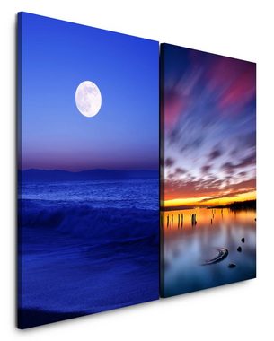 Sinus Art Leinwandbild 2 Bilder je 60x90cm Vollmond Nachthimmel Meer Flut Horizont Blau Sonnenuntergang