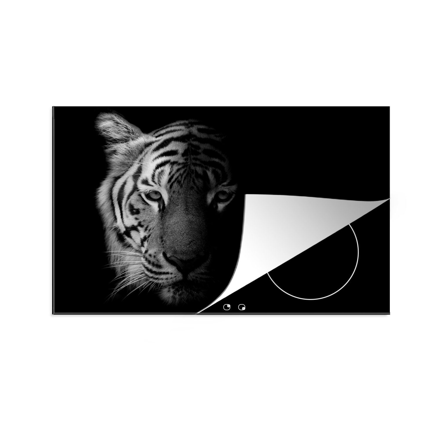 MuchoWow Herdblende-/Abdeckplatte Tiger - Tiere - Wild - Schwarz - Weiß, Vinyl, (1 tlg), 81x52 cm, Ceranfeldabdeckung, Arbeitsplatte für küche