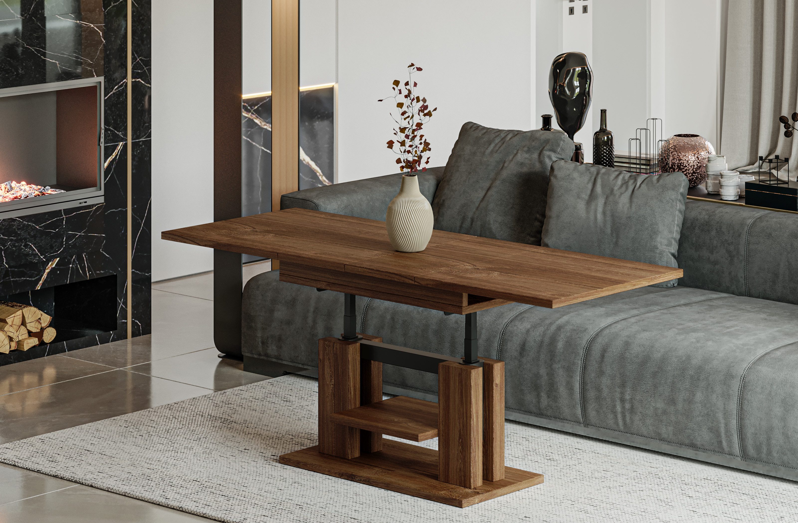 Endo-Moebel Couchtisch Endo Couchtisch Iso 110 / 170 höhenverstellbar erweiterbar Farbauswahl, 110-170 (2x30 intern), 58-75, 25mm, Doppellift, Akzentstreifen schwarz