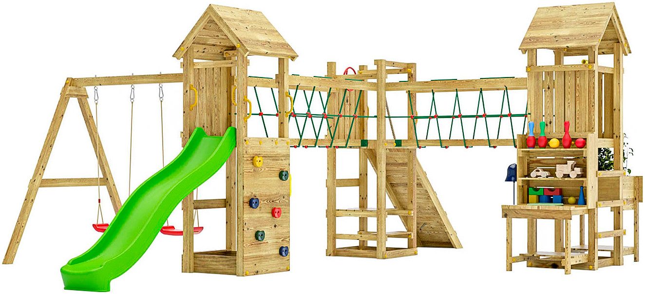 FUNGOO Spielturm Maxi Funny Optimizer, mit Rutsche, Schaukeln, Kletterwand + Seilbrücke, Made in Europe