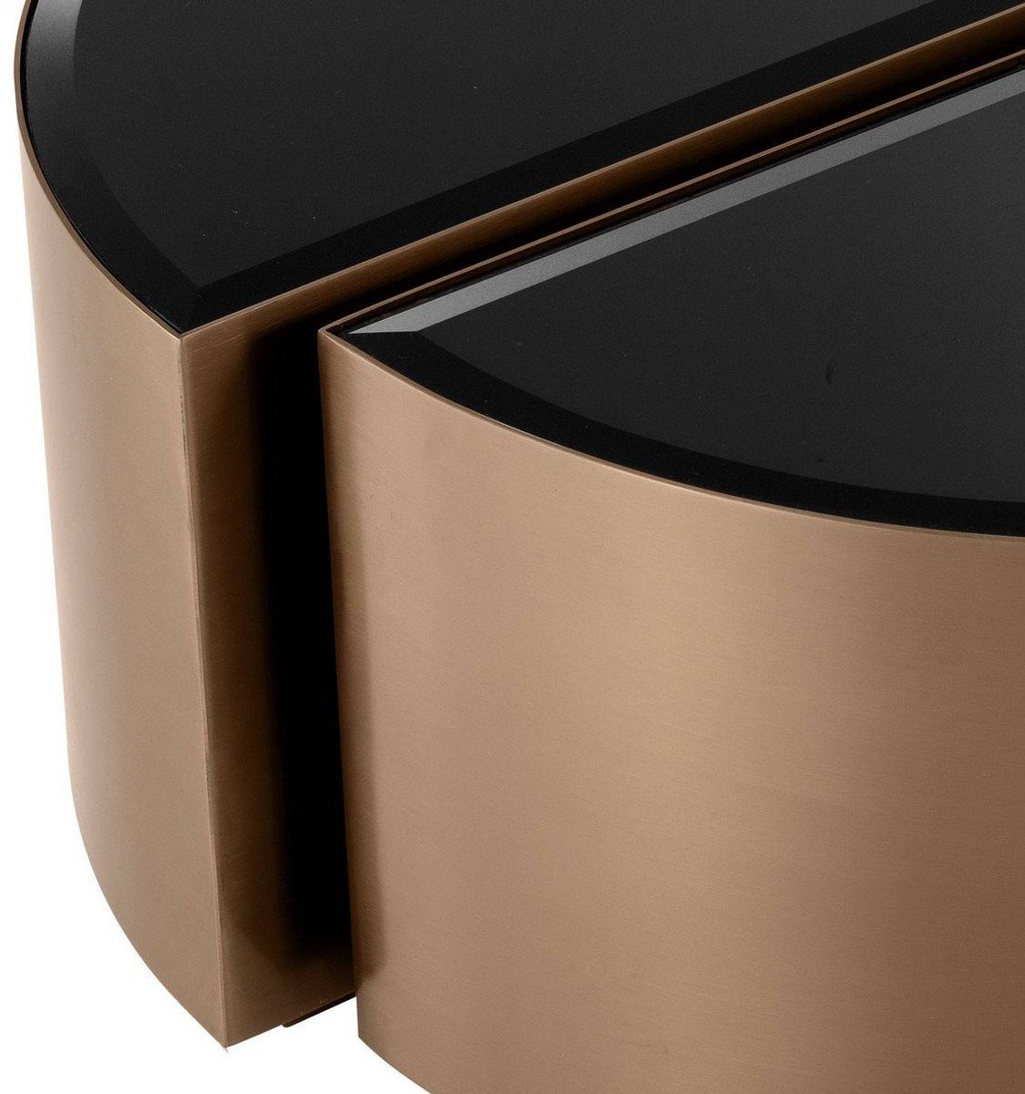 Casa Padrino Beistelltisch Luxus Beistelltisch Schwarz halbkreisförmige mit Luxus Tische 2 - Set Kupferfarben / Glasplatten abgeschrägten Möbel Edelstahl 
