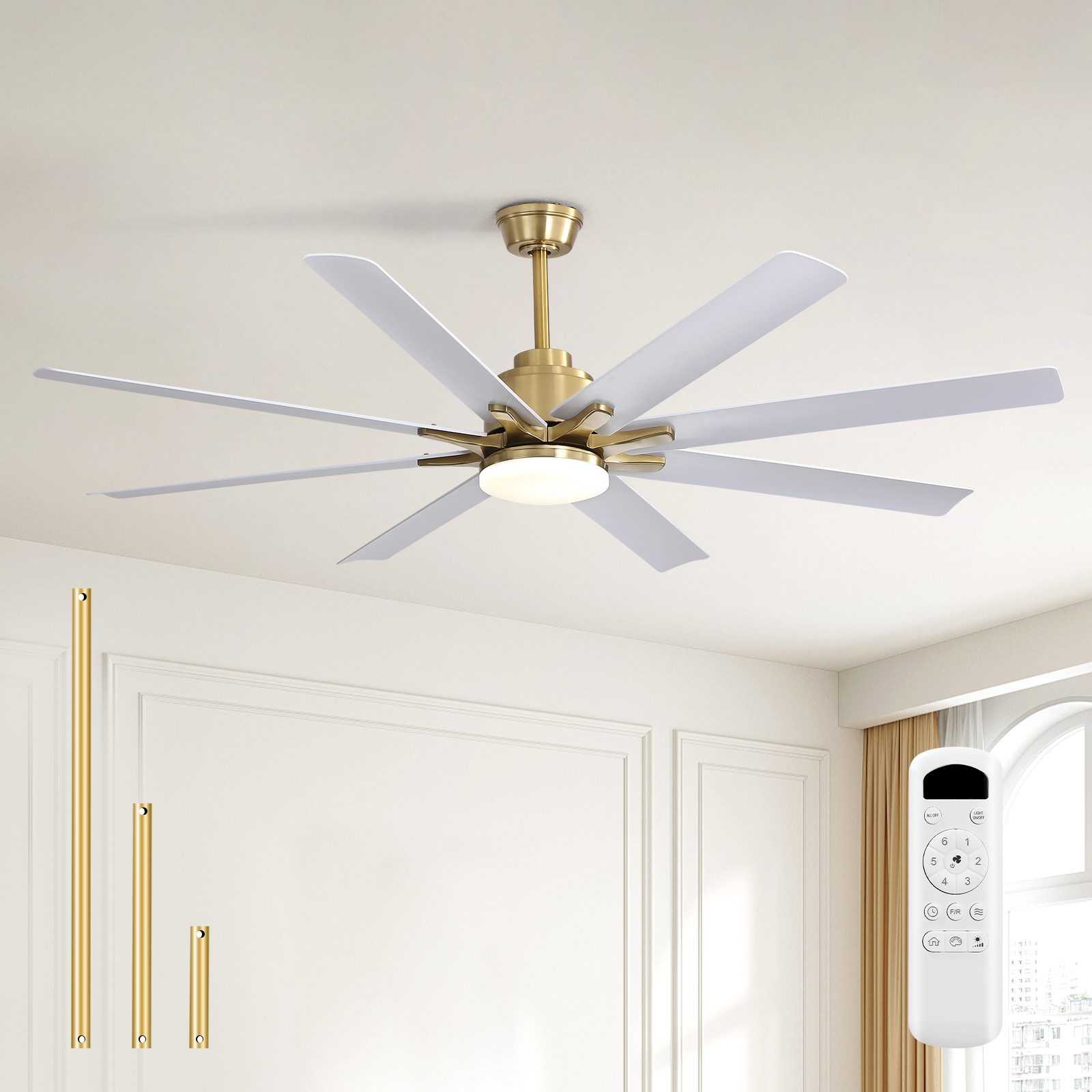 Sofucor Deckenventilator mit Licht und Fernbedienung, 132 cm, 8 ABS-Flügel, 8 weiße ABS‑Flügel, 1‑/4‑/8‑Stunden‑Timer