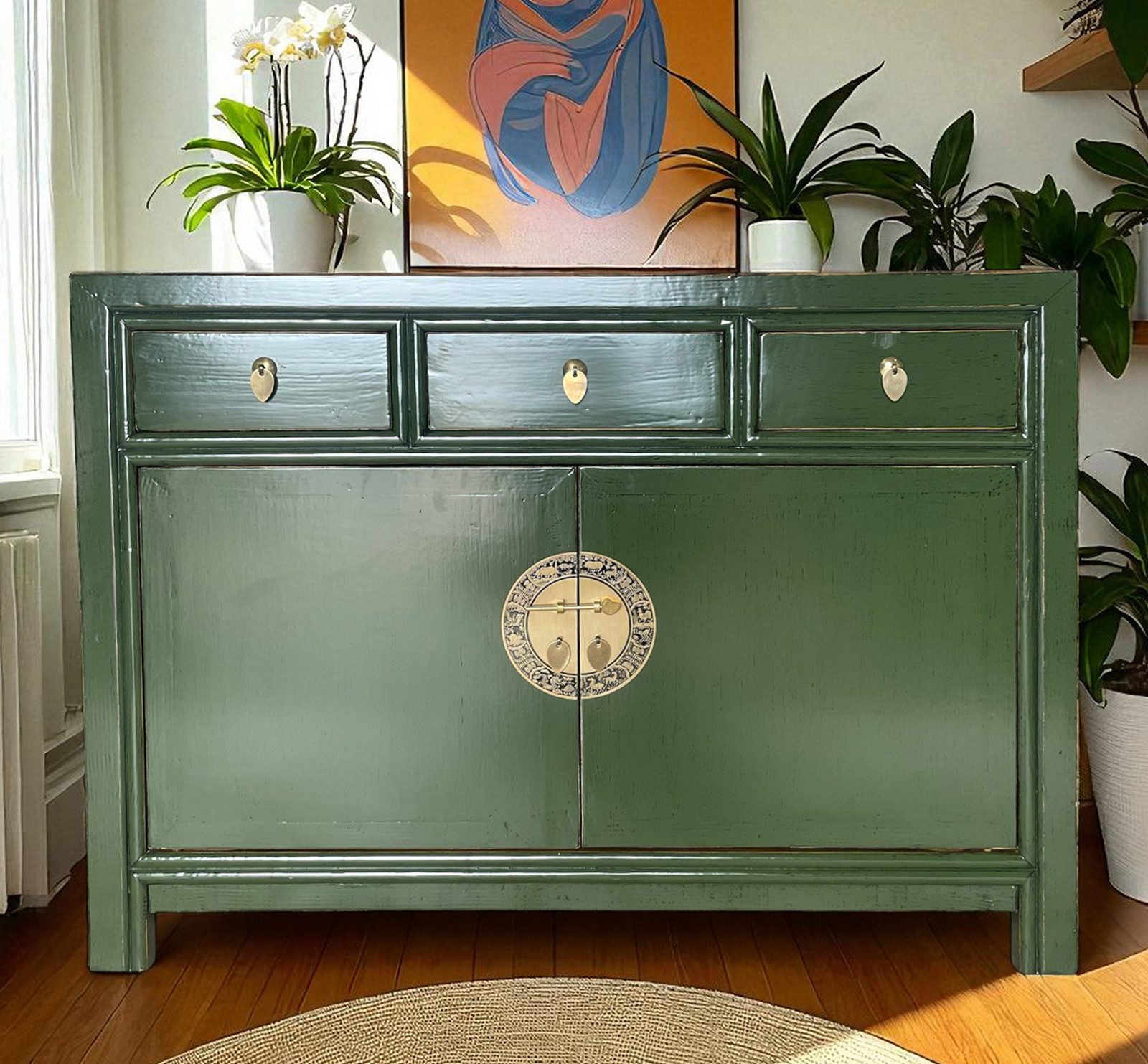 OPIUM OUTLET Kommode Vintage Schrank Sideboard grün asiatisch chinesisch orientalisch (B x T x H: 117 x 40 x 85 cm, Anrichte Buffet grün), Asia Möbel Hochzeitsschrank komplett montiert