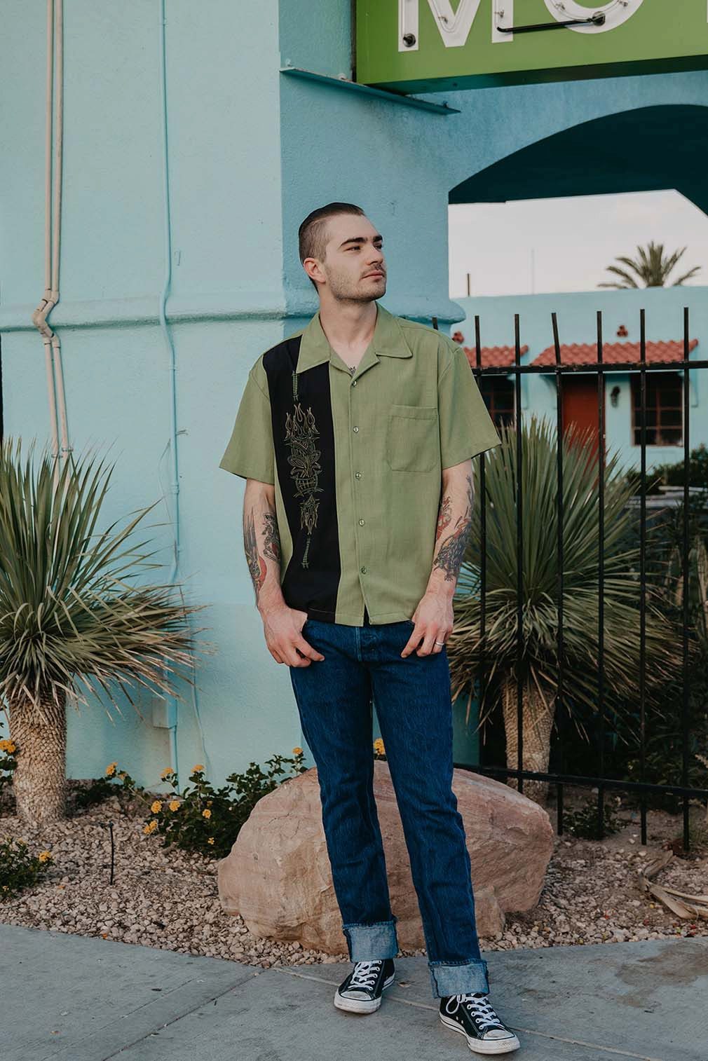 Steady Clothing Kurzarmhemd Pinstripe Tiki Pacific Grün Retro Vintage Bowling Shirt