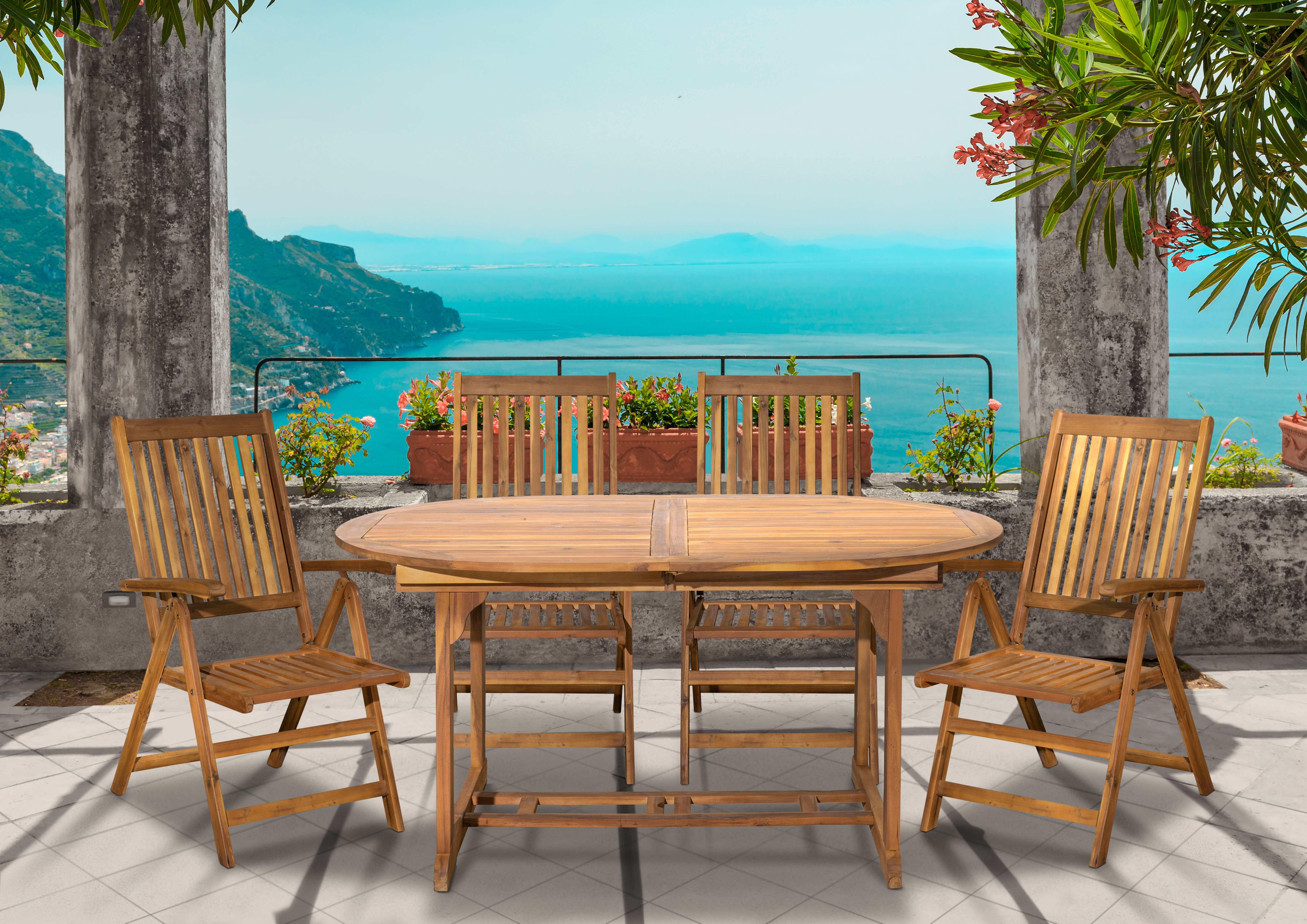 TPFGarden Sitzgruppe AKANA - Gartenessgruppe aus geöltem Akazienholz, (Ausziehbarer Esstisch, Stuhllehnen 5-fach verstellbar, 5-tlg., Balkon Sitzgruppe mit 4 Stühlen und 1 Tisch - Farbe: natur), Maße (BxHxT): Stühle 56x108x74 cm - Tisch 150-200x75x100 cm