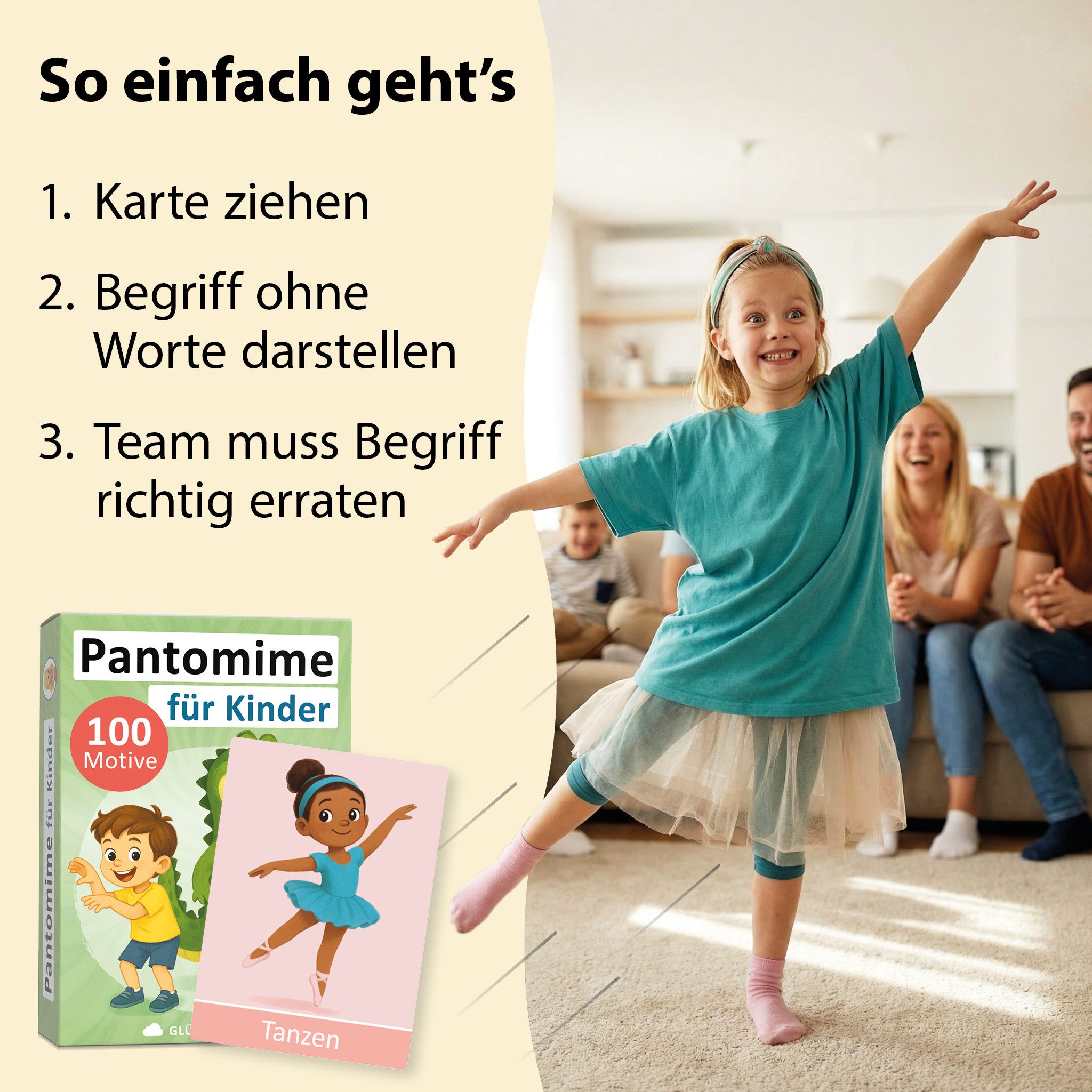 GLÜCKSWOLKE Spiel Pantomime für Kinder, Familienspiel, Kinderspiel, Gesellschaftsspiel, Bewegungsspiel, Mit 100 Spielkarten