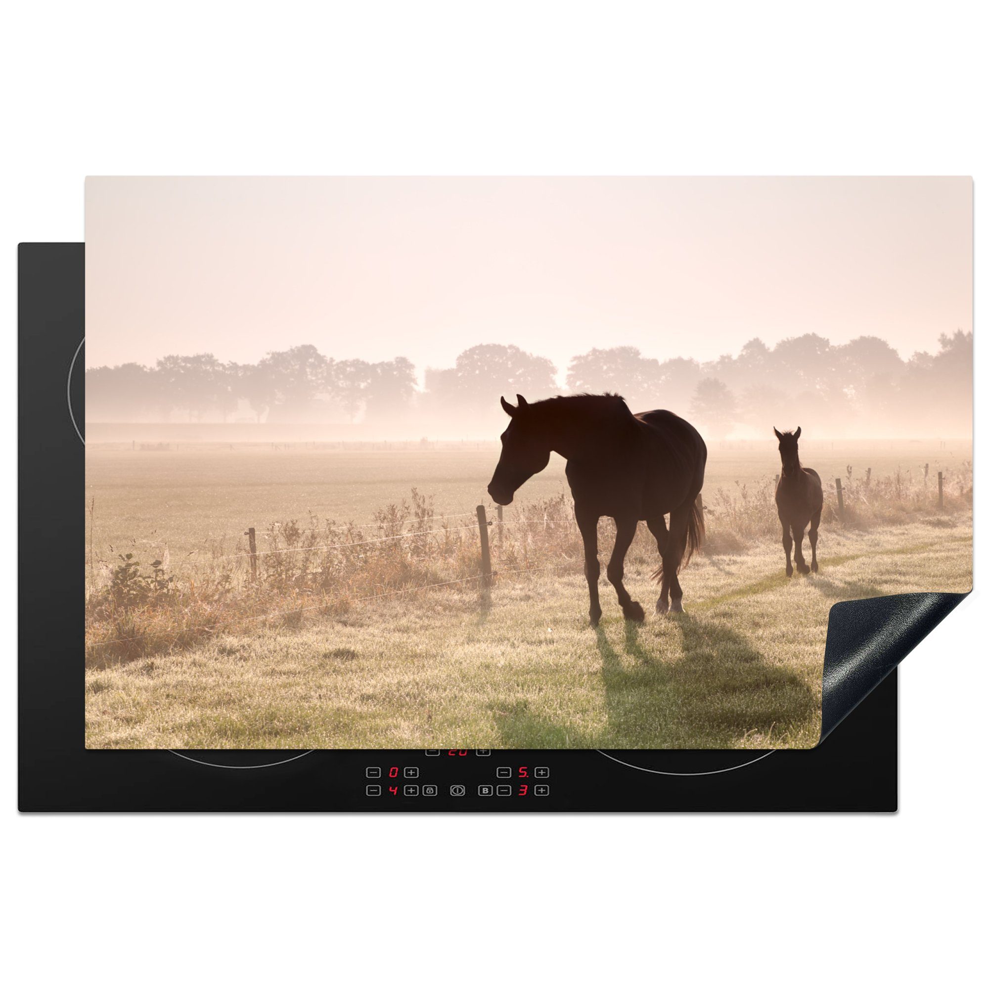 MuchoWow Herdblende-/Abdeckplatte Pferde - Nebel - Silhouette, Vinyl, (1 tlg), 81x52 cm, Induktionskochfeld Schutz für die küche, Ceranfeldabdeckung