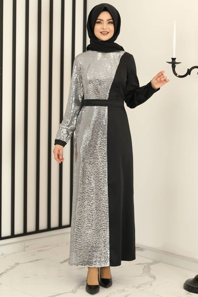 Silber Modavitrini Damen Abendkleid Pailletten, Paillettenkleid Hijabmode Schwarz Modest silbernes Kleid Fashion Abiye