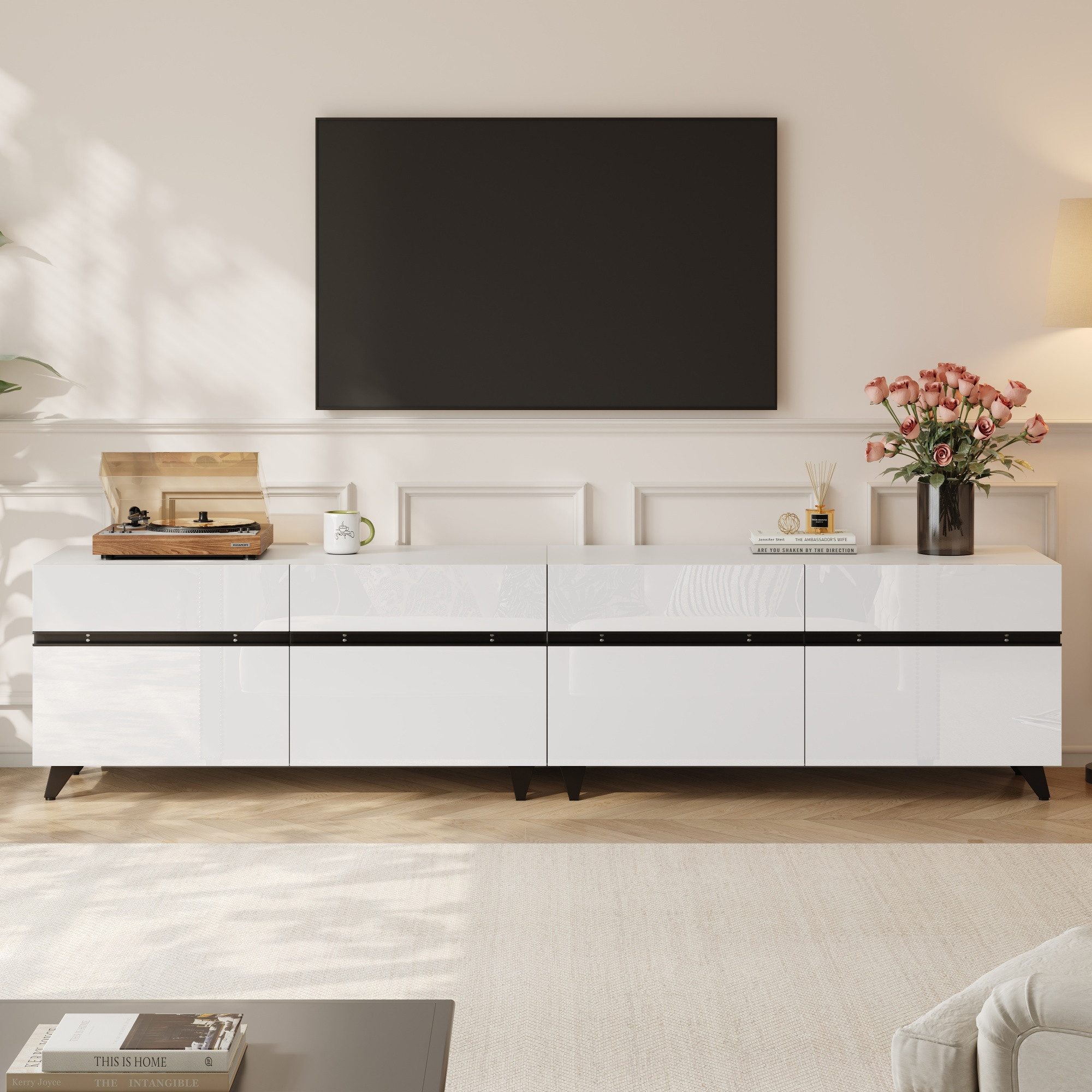 KLAM HOME Lowboard Hochglanz TV-Schrank Lowboard 180cm mit 4 Schränken (Stabiles Wohnzimmermöbel mit verstellbaren Trennwänden), Moderner Fernsehschrank für bis zu 80 Zoll