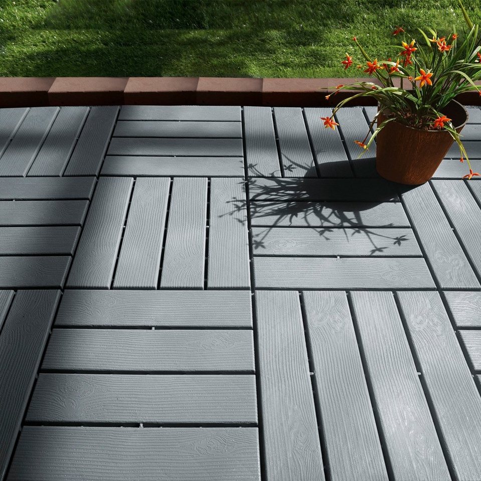 MAXXMEE Terrassenplatte Balkonfliesen - Gartenfliesen - 31x31cm, 31x31, Grau,  12er Set, Holz-Optik mit UV-Schutz grau