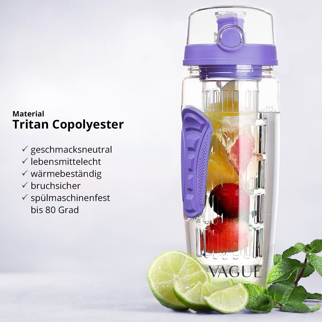 LA VAGUE Trinkflasche VITALITY Trinkflasche mit Einsatz, Trinkflasche mit Früchtesieb für perfekt aromatisierte Getränke