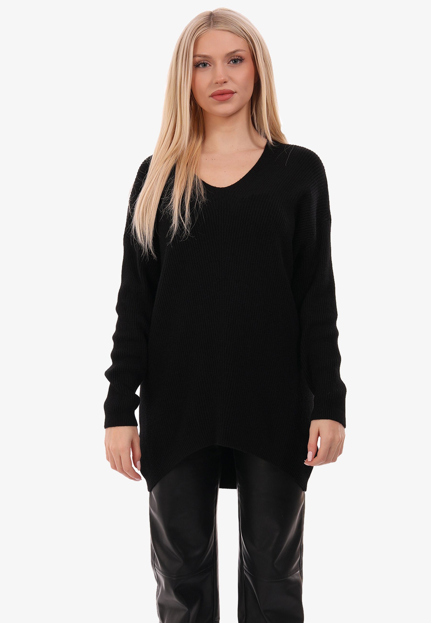 Unifarbe Strickpullover Style schwarz Pullover One Fashion Size mit in YC V-Ausschnitt (1-tlg) &