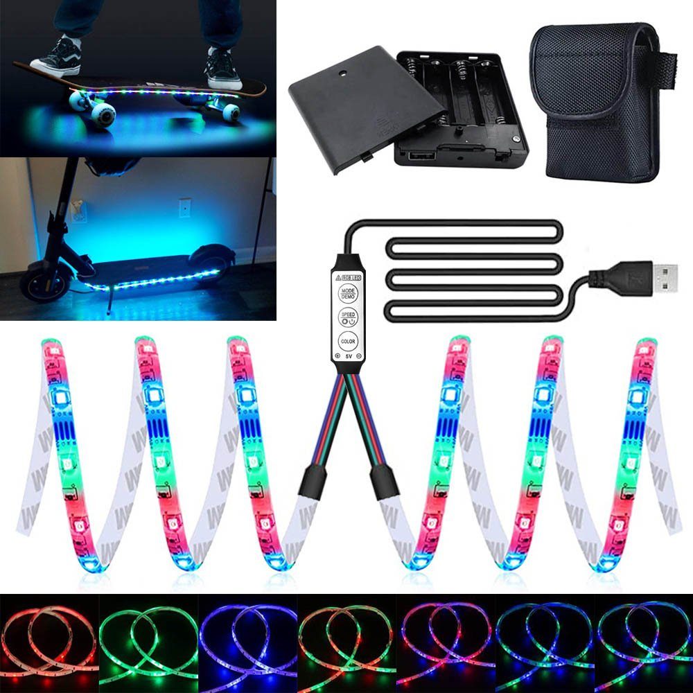 Rosnek LED Stripe 2×50cm, RGB, wasserdicht, Batterie/USB, für Scooter Skateboard, Sicherheitslichter | LED-Stripes