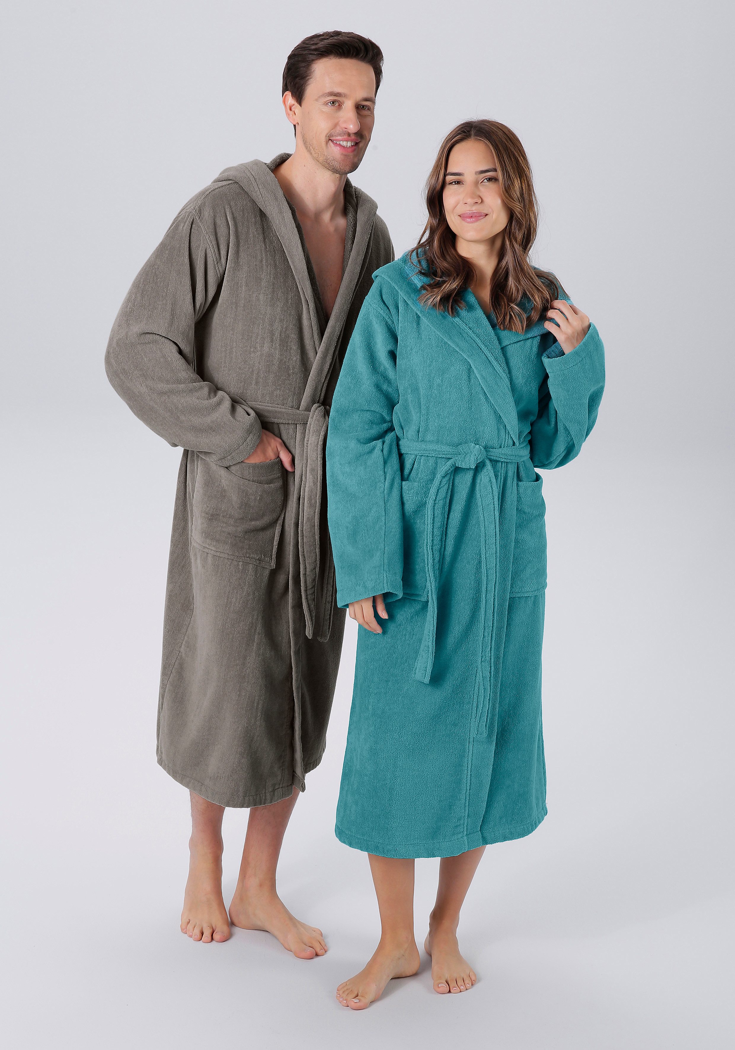 my home Unisex-Bademantel Regona, ideal für Sauna & Spa, Hotelbademantel, Morgenmantel, Langform, Veloursfrottier, Kapuze, Gürtel, für Damen & Herren, mit Taschen, flauschig und weich, Velours