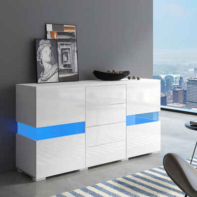 XDOVET Sideboard Hochglanz Lagerung Esszimmer Einheit mit 16 Farben LED-Leuchten, Weiß Sideboard Schrank mit 2 Türen 4 Schubladen für Wohnzimmer