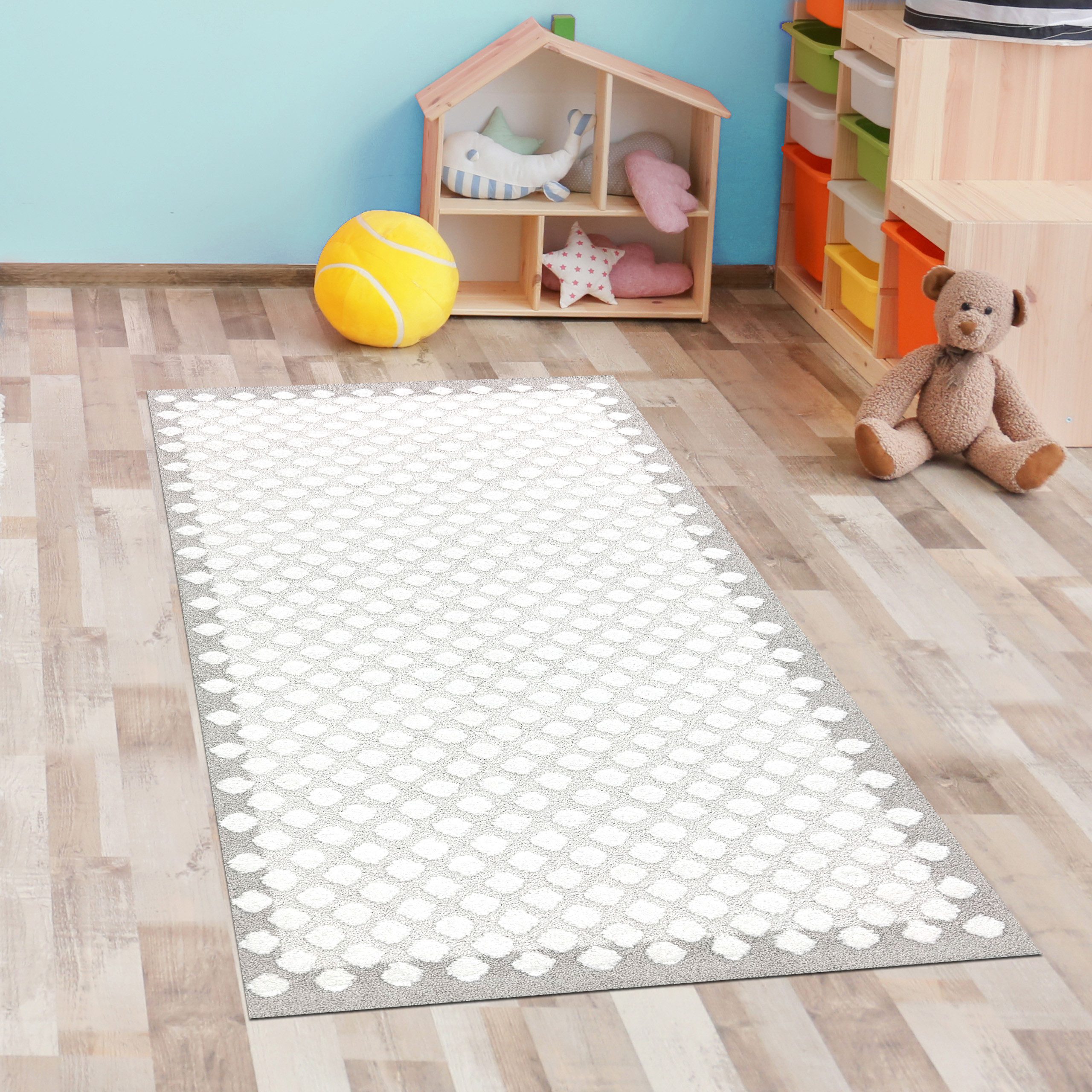 Carpetia Kinderteppich Kinderzimmer Teppich Punkte weich 3d-Effekt grau creme, rechteckig