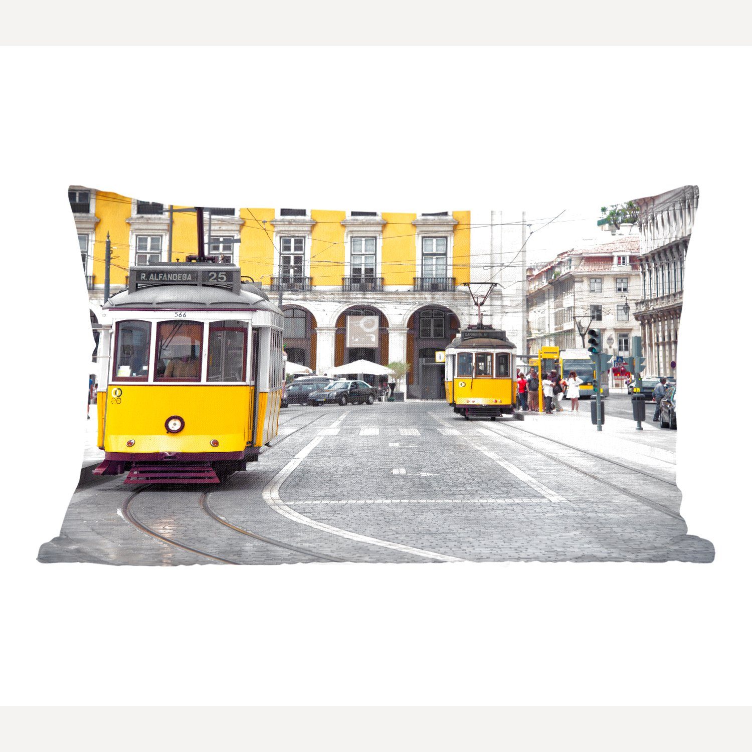 MuchoWow Dekokissen Die beiden gelben Straßenbahnen im Zentrum von Lissabon, Wohzimmer Dekoration, Zierkissen, Dekokissen mit Füllung, Schlafzimmer
