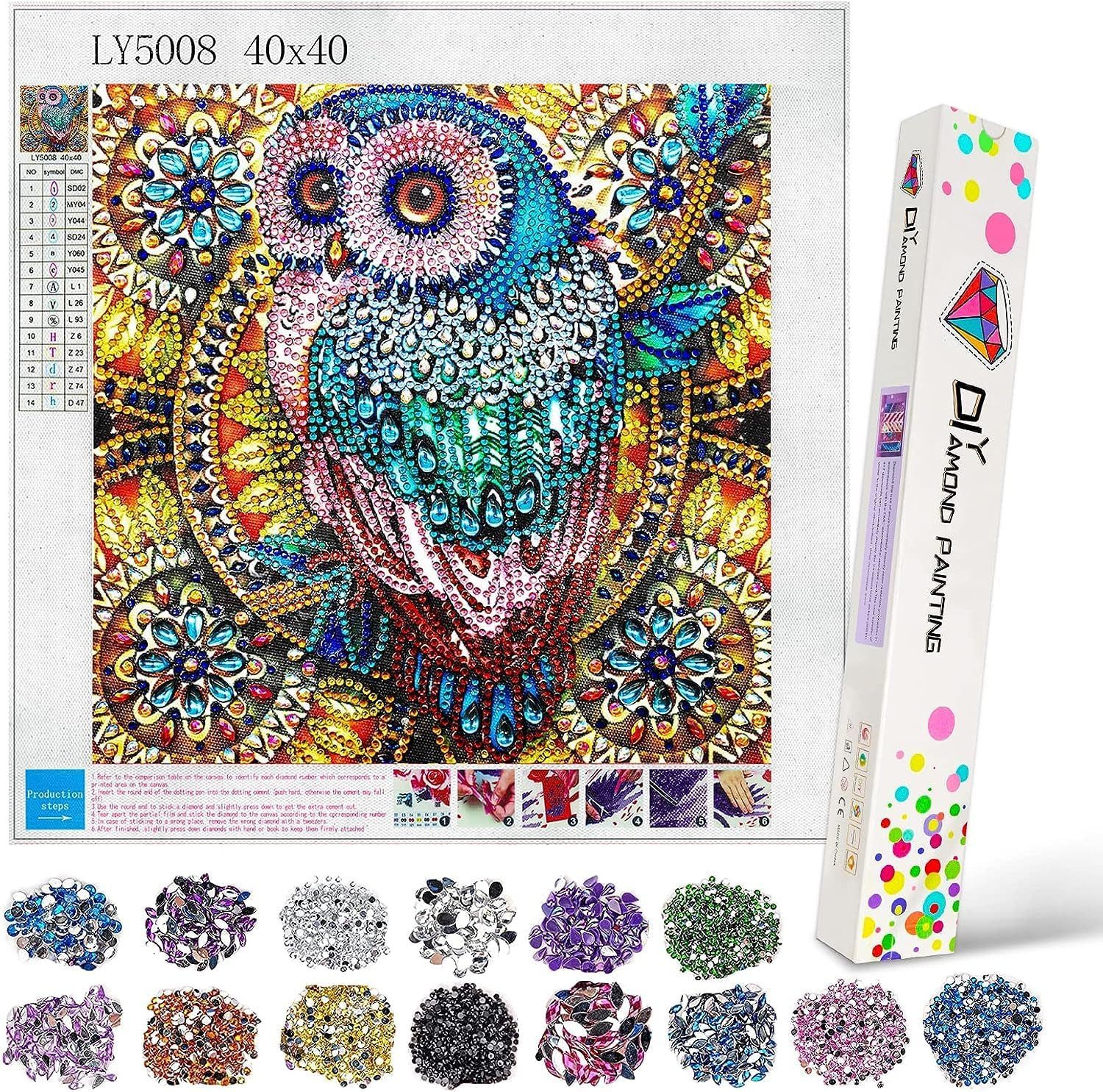 LA CUTE Раскрась по номерам 5D Diamond Painting Eule Volldiamant Set DIY Bastelset 40x40 cm (Volldiamant Malerei Set mit Kristallen, komplett für Wanddekoration & Geschenk, DIY 5D Diamant Painting Eule, bunt, inkl. Zubehör, 40x40 cm Leinwand), 5D-Diamantmalerei mit Pferd-Motiv für Kinder ab 6 Jahren