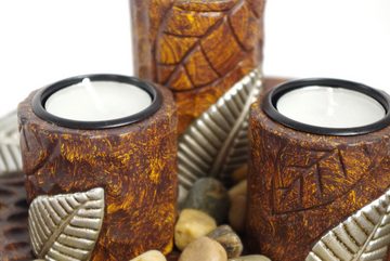 Kobolo Kerzenhalter Dekoschale braun rund mit drei Kerzenhaltern (Set)