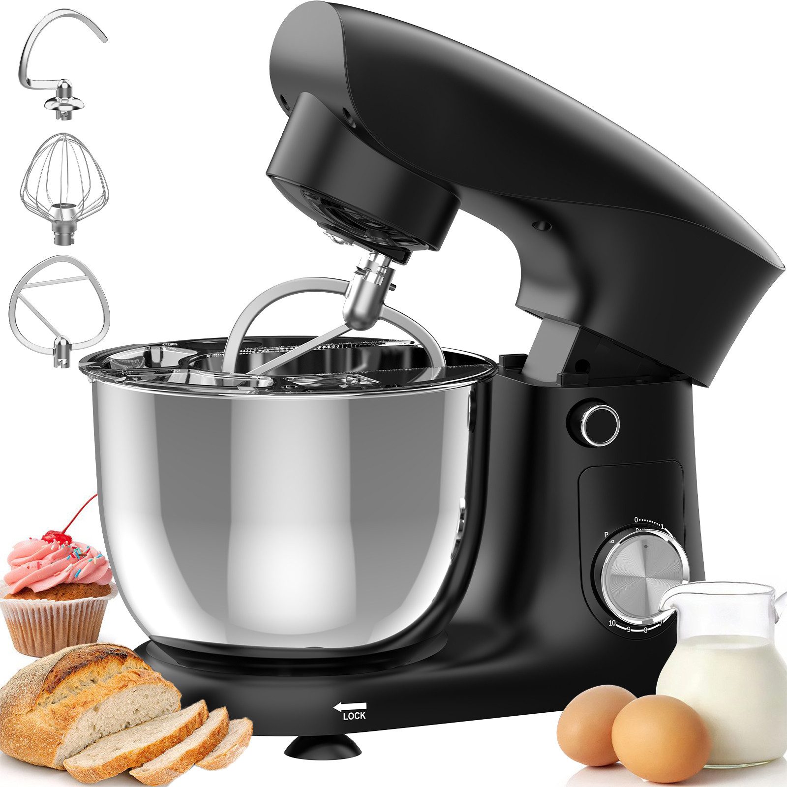AIMAX Küchenmaschine 5L Edelstahl-Rührschüssel, 10 Geschwindigkeit, 3 Aufsätze, 600 W, 5 l Schüssel, Rührhaken, Knethaken, Schneebesen, Spritzschutz, Bedienungsanleitung
