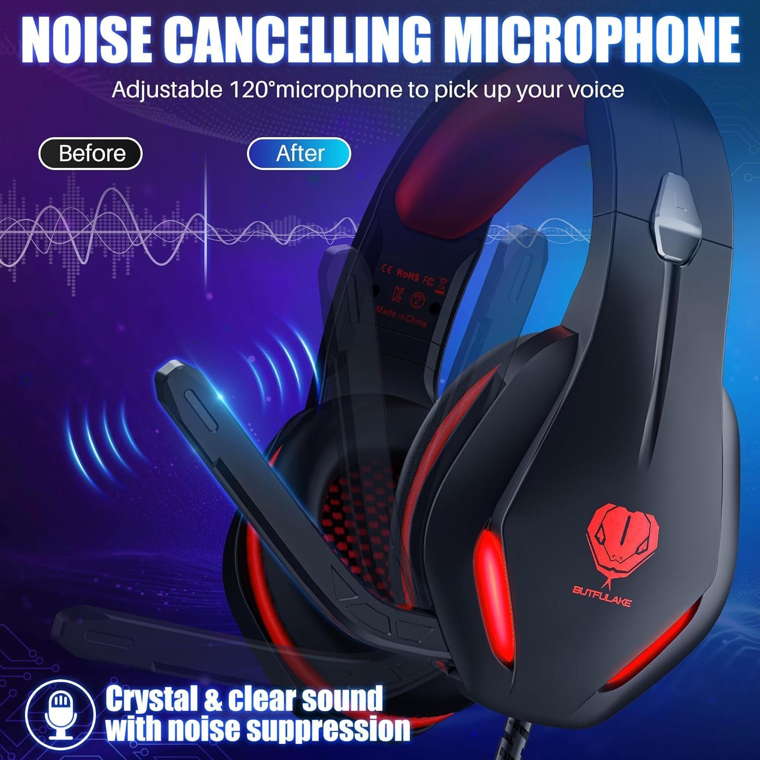 mit Gaming-Headset LED-Licht) mit Geräuschunterdrückung, Gaming-Headset 120 Das (Mikrofon Stynice faltbare Over-Ear-Kopfhörer ° GH-2