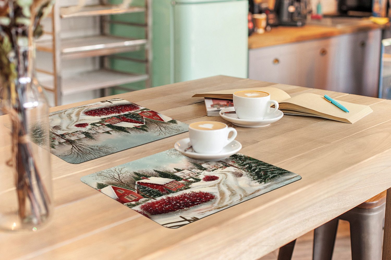 MuchoWow Platzset Weihnachtsstimmung - Ländlich - Rot, (6-St), Platzsets, Tischset, Abwaschbar, Tischsets, Platzdeckchen