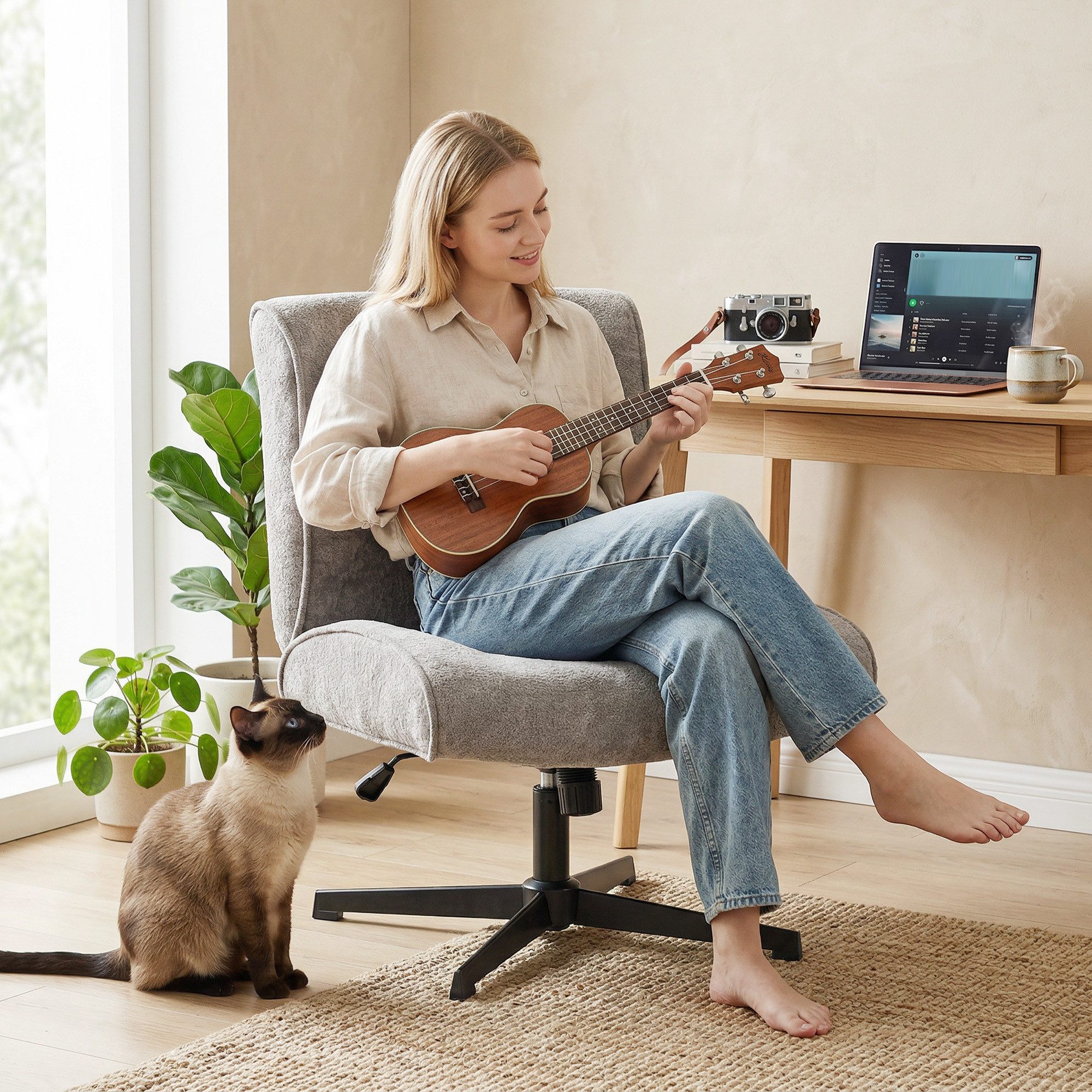 HOMCOM Relaxsessel Schneidersitz mit Samtoptik, Bürostuhl Ohne Armlehnen, Grau (Loungesessel, 1-St., Sessel), 360° Drehung, höhenverstellbar, breite Sitzfläche