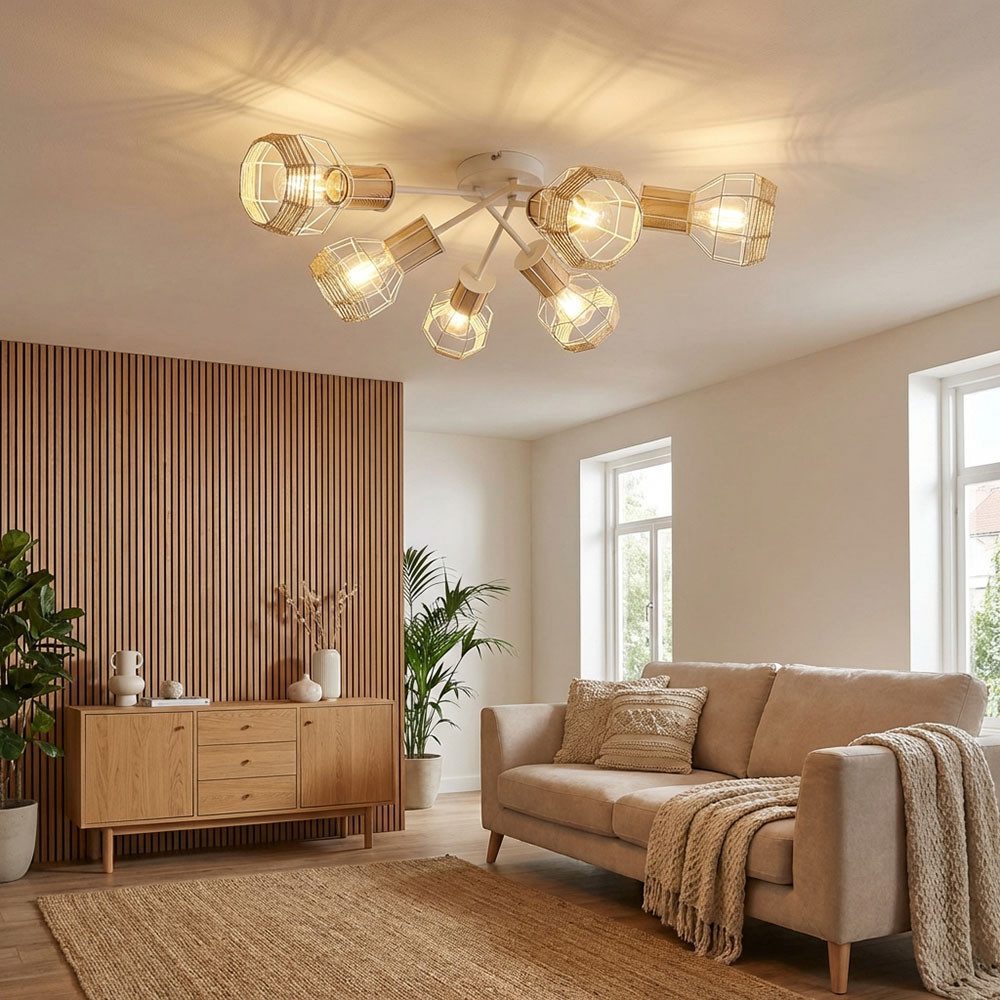 GLOBO LIGHTING Deckenspot, Leuchtmittel nicht inklusive, Deckenleuchte Spotleuchte Wohnzimmerlampe 6x E27 Käfig weiß Bast