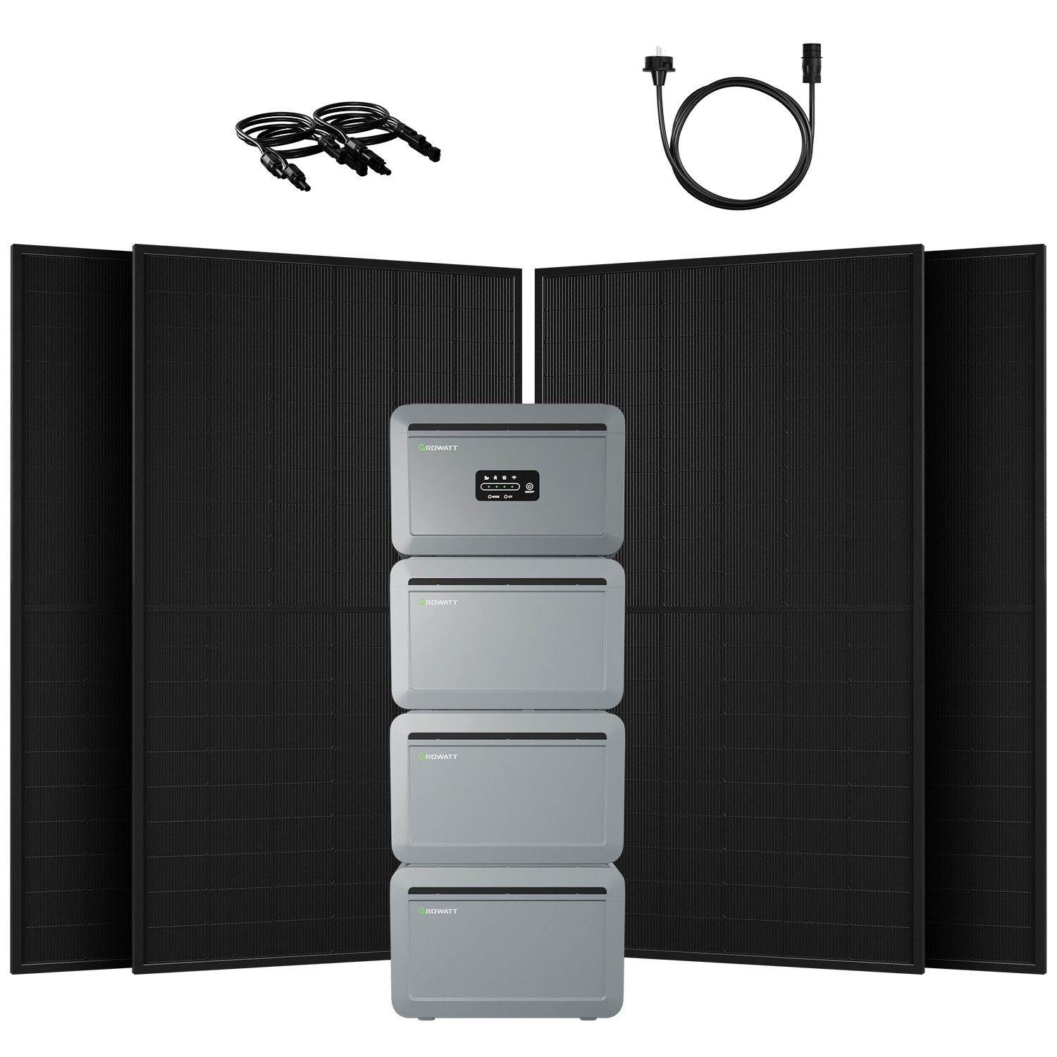 Growatt Balkonkraftwerk 2000W Bifazial PV mit Speicher Growatt NEXA 2000 4096-8192 Wh LFP, (4x 500Wp Full Black und NEXA 2000 All-in-One Speicher), WiFi & Bluetooth-Unterstützung