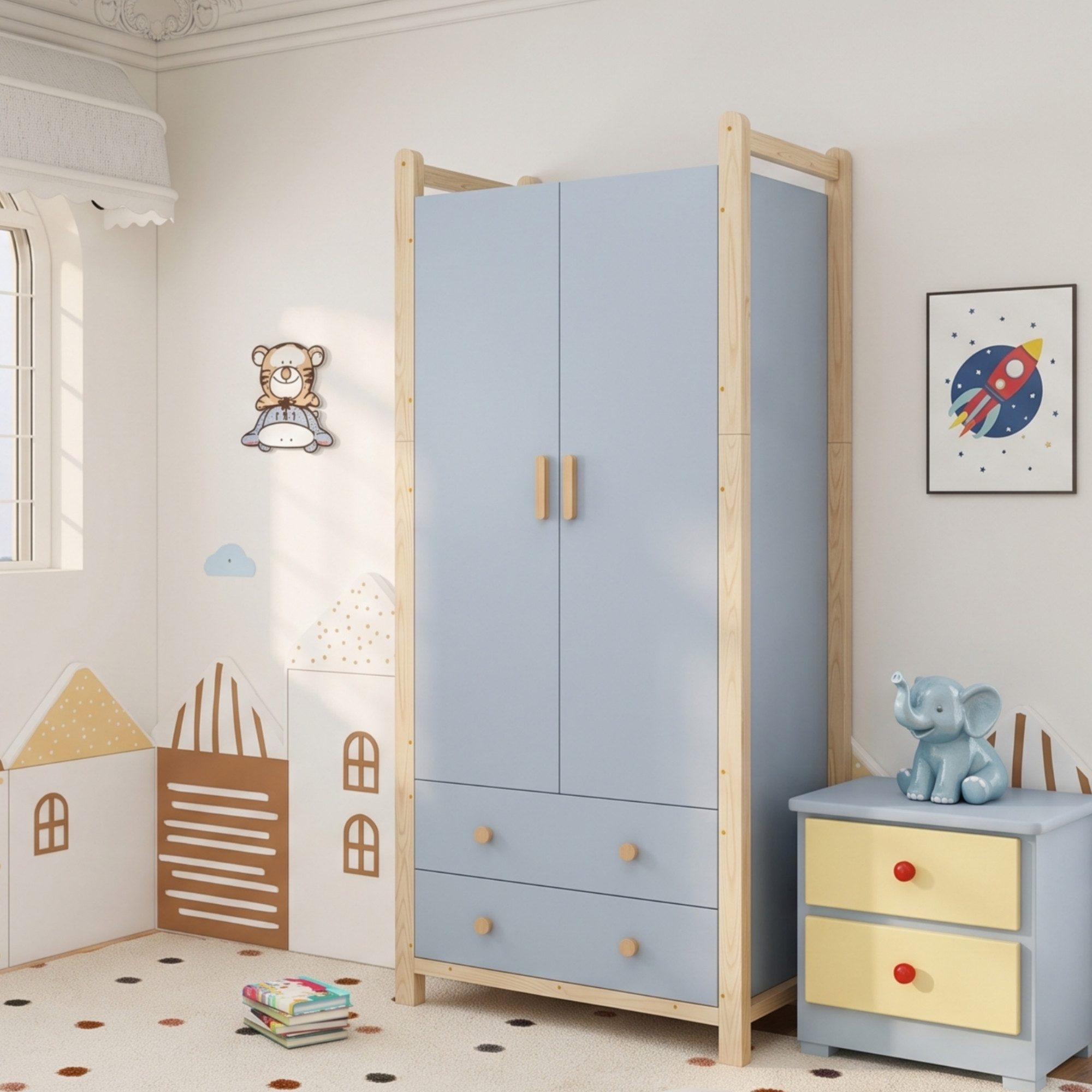Ulife Kleiderschrank 90×45×180 cm, 2-türiger, mit Kleiderstange, 2 Schubladen (2-St) Flurgarderobe geeignet, aus Spanplatte, blauer Körper + Kieferrahmen – Bild 3 von 5