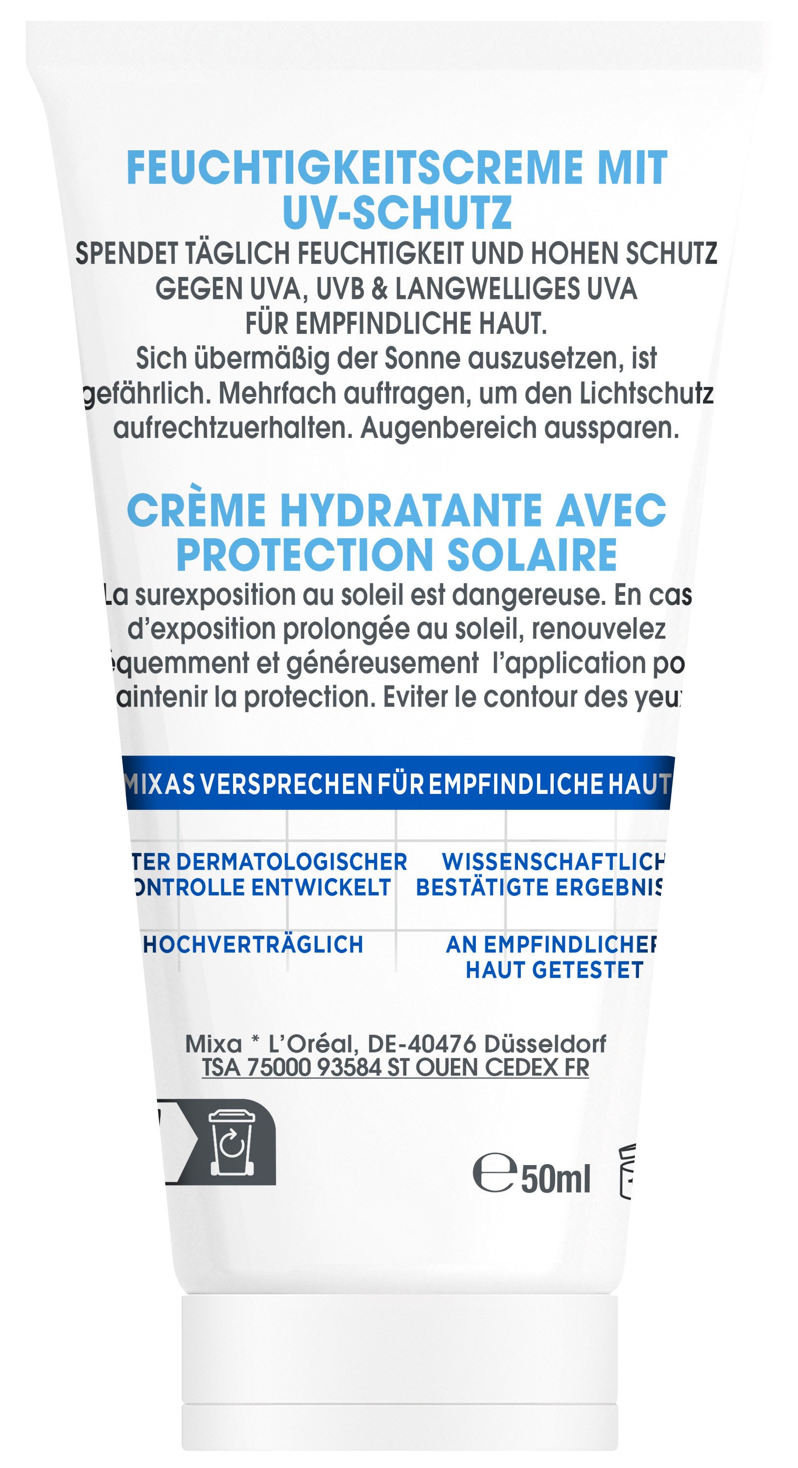 Mixa Feuchtigkeitscreme MIXA UV-SCHUTZ FEUCHTIGKEITSCREME, LSF 50, feuchtigkeitsspendend, mit Hyaluronsäure, pflegend